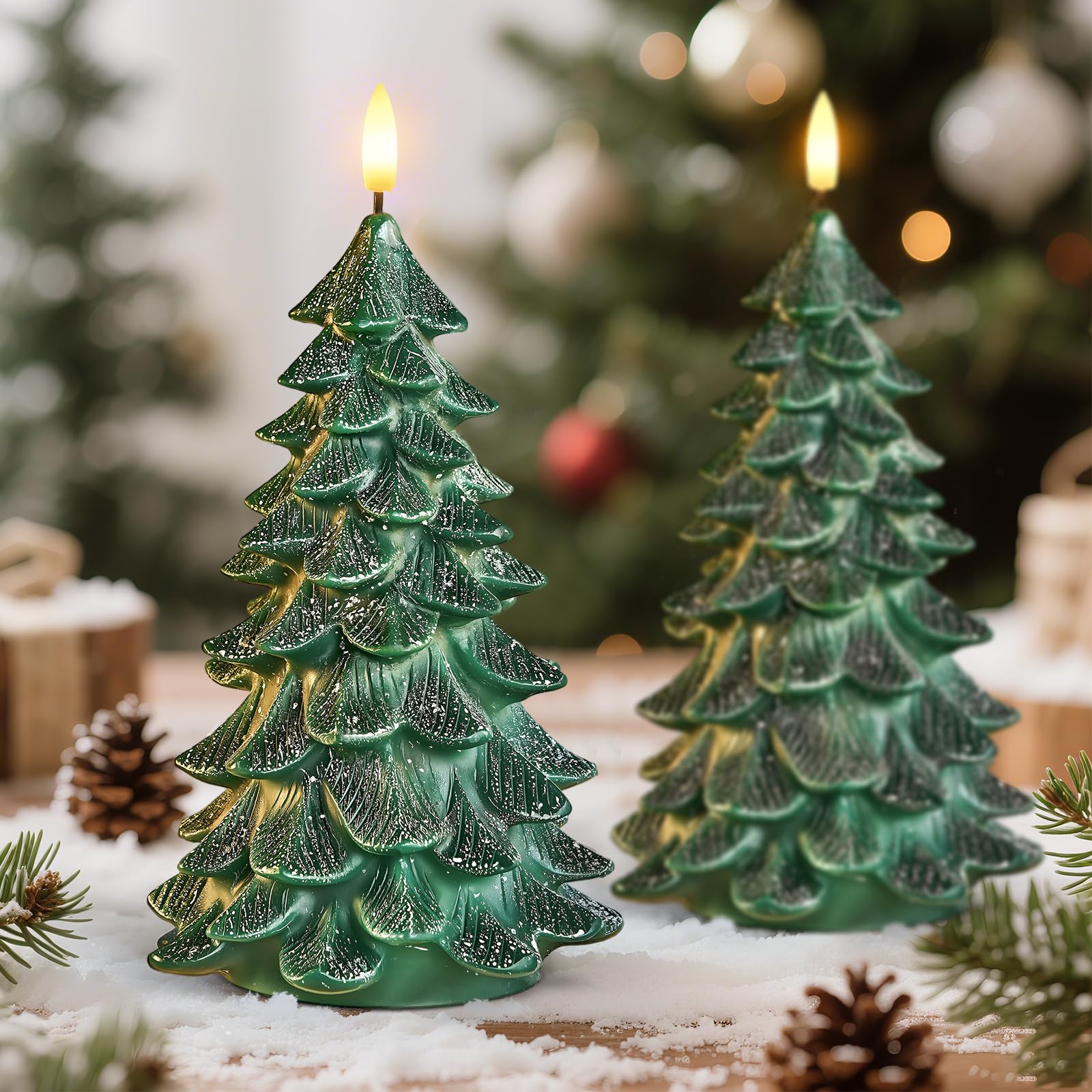 suraielec battery operated christmas tree candles, 6-hour timer flameless tree candles, real wax finish, flickering led candle, 9'' christmas candlesticks for window, mantel, dining table, 2-pack