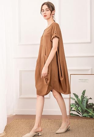 Minibee Women's Ruffle Oversize Casual Midi Dresses with Pockets, Brown, Small Clothing, Shoes & Accessories