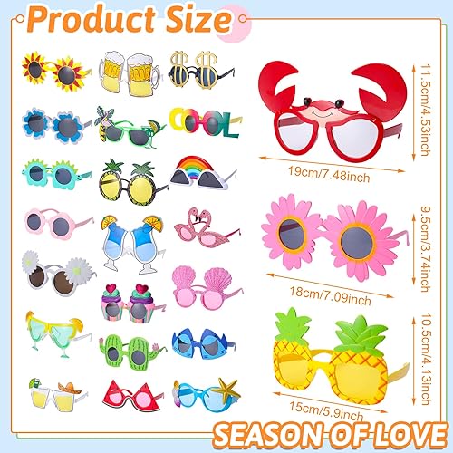 Miniatura 6 de 24 lentes de sol Luau  Divertidas gafas hawaianas para suministros de fiesta temática de playa tropical, anteojos de plástico para cabina de fotos y