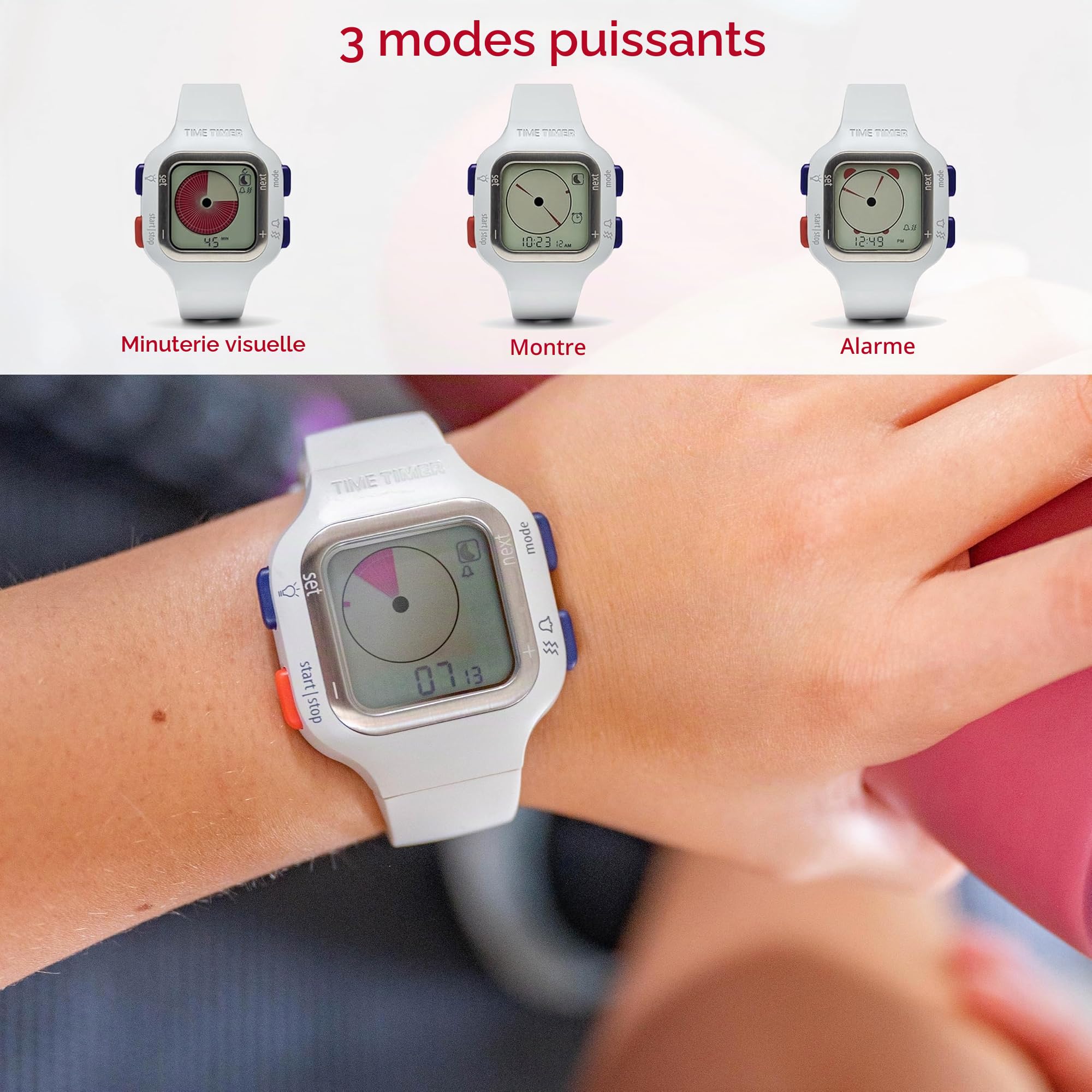 TIME TIMER Montre - Compte à rebours analogique et numérique visuel de 12 ou 24 Heures - pour l'apprentissage des Enfants, la réalisation de Tests et Le Suivi de l'entraînement (Arctic White, Small)