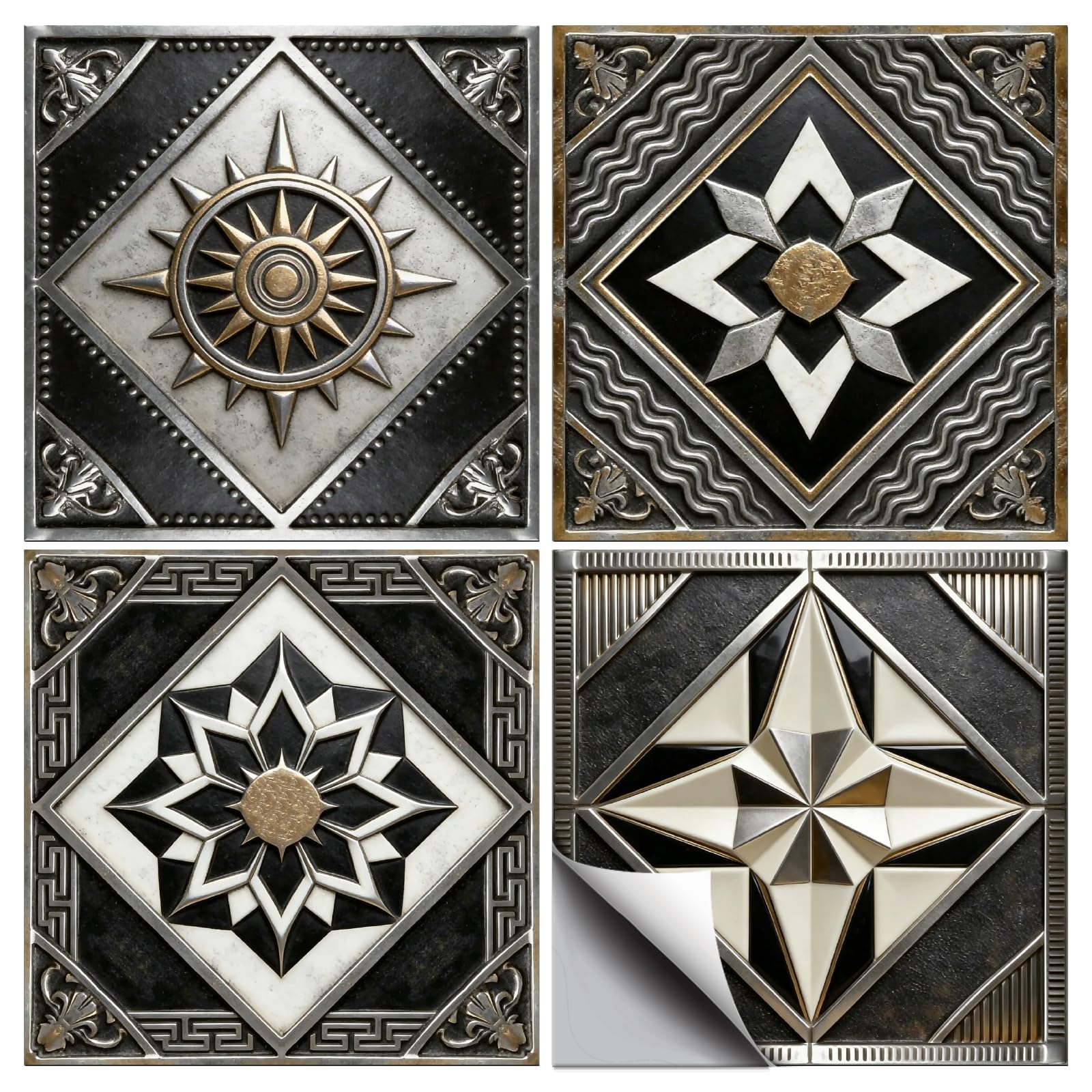 CONCHLERY 36pcs 4 Styles Retro Pattern Tile Stickers Black and Brown Geometric Patterns Waterproof PVC Tile Decals for Kitchen Bathroom 4x4 inch — image 1