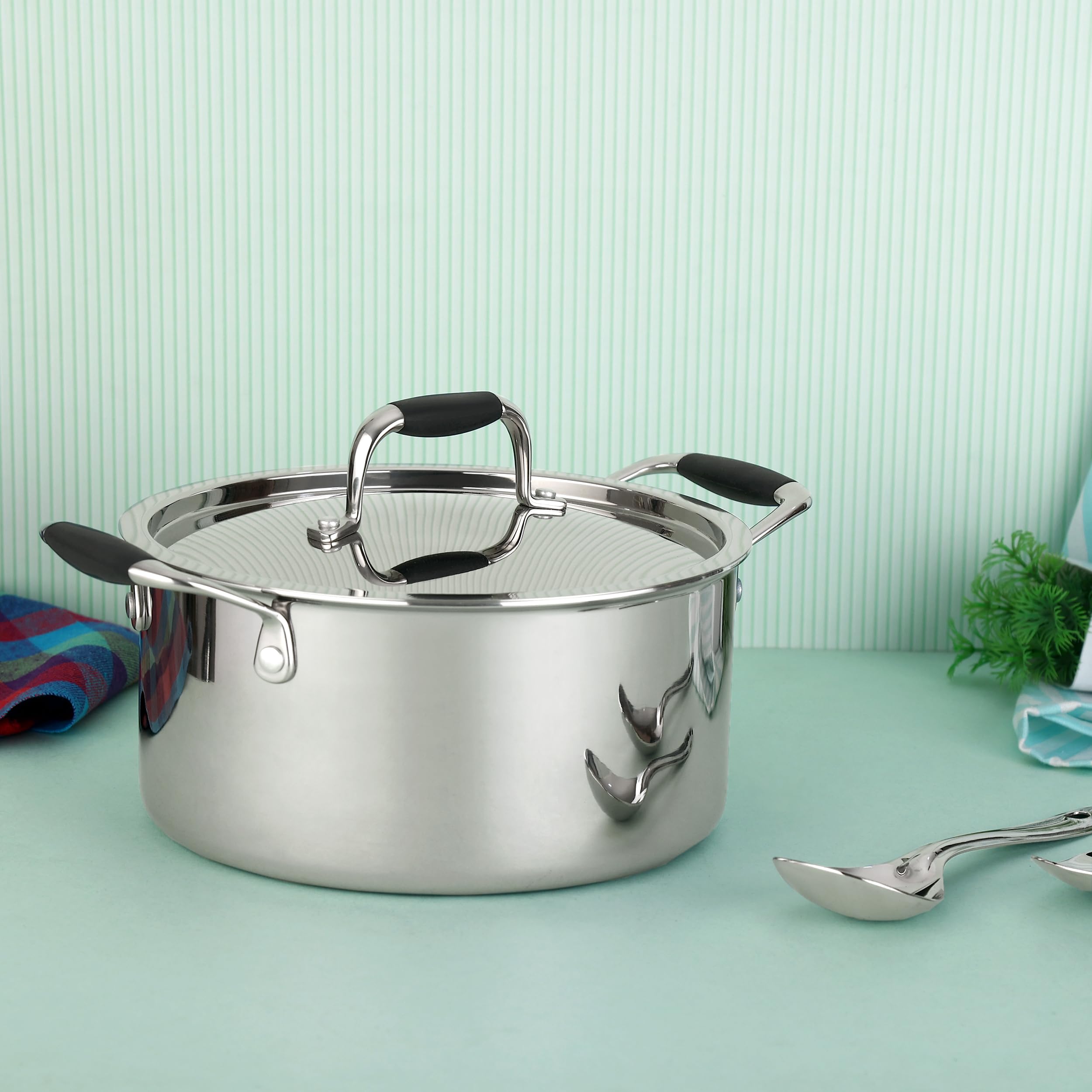 Chakmak Trio 18cm Triply Stewpan with Steel Lid | Stainless Steel | 1.8 Litre | Induction and Gas Stove Compatible | Silver Color | 5 Years Warranty