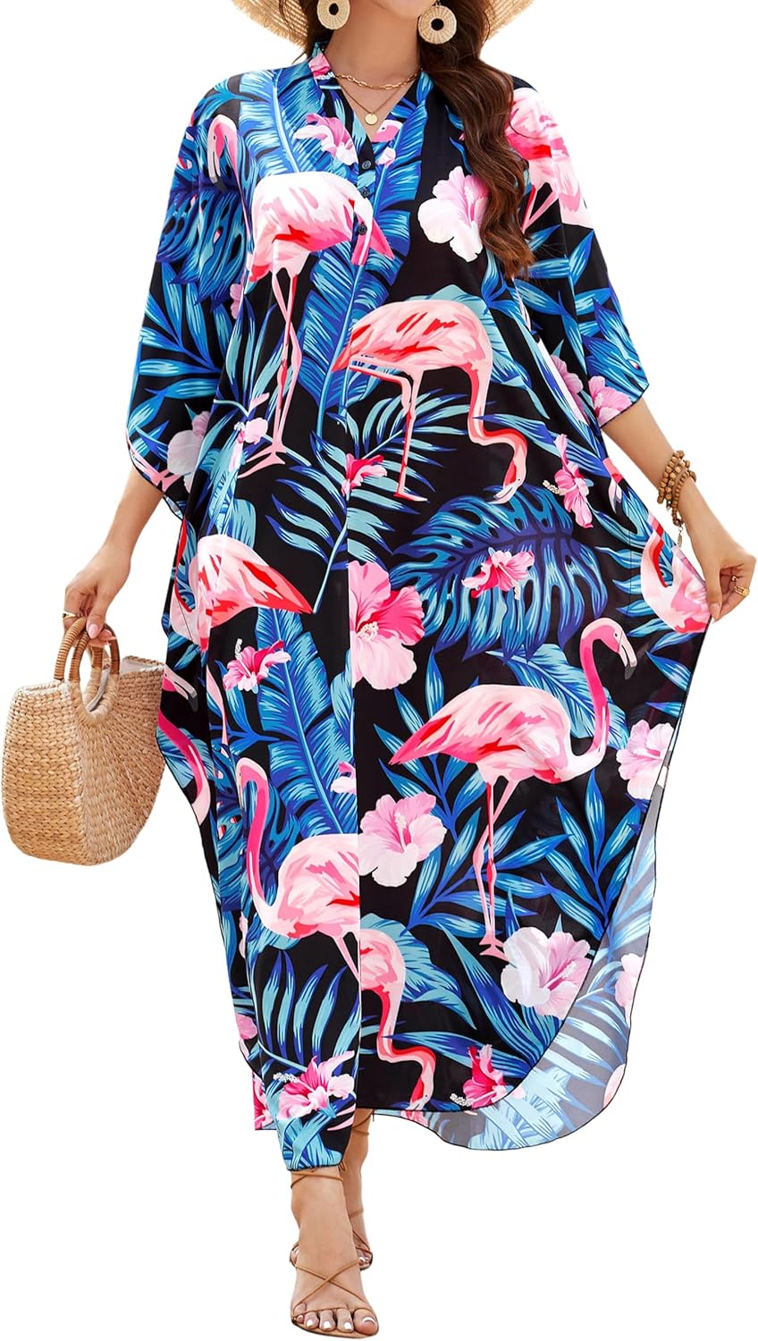MAKABO Kaftan Dresses for Women Caftans Moo Moos V Neck Beach Swimsuit Cover Up Boho Hawaii Maxi Dress