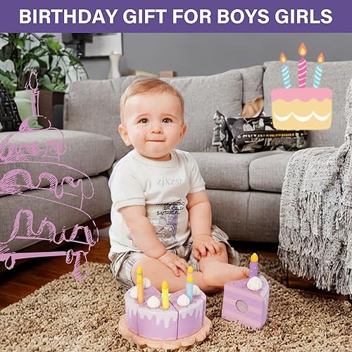 Miniatura 6 de Comida de juego de simulación para niños pequeños de 1 a 3 años, pastel falso de cumpleaños de madera con velas y números, fiesta de té, juguetes de