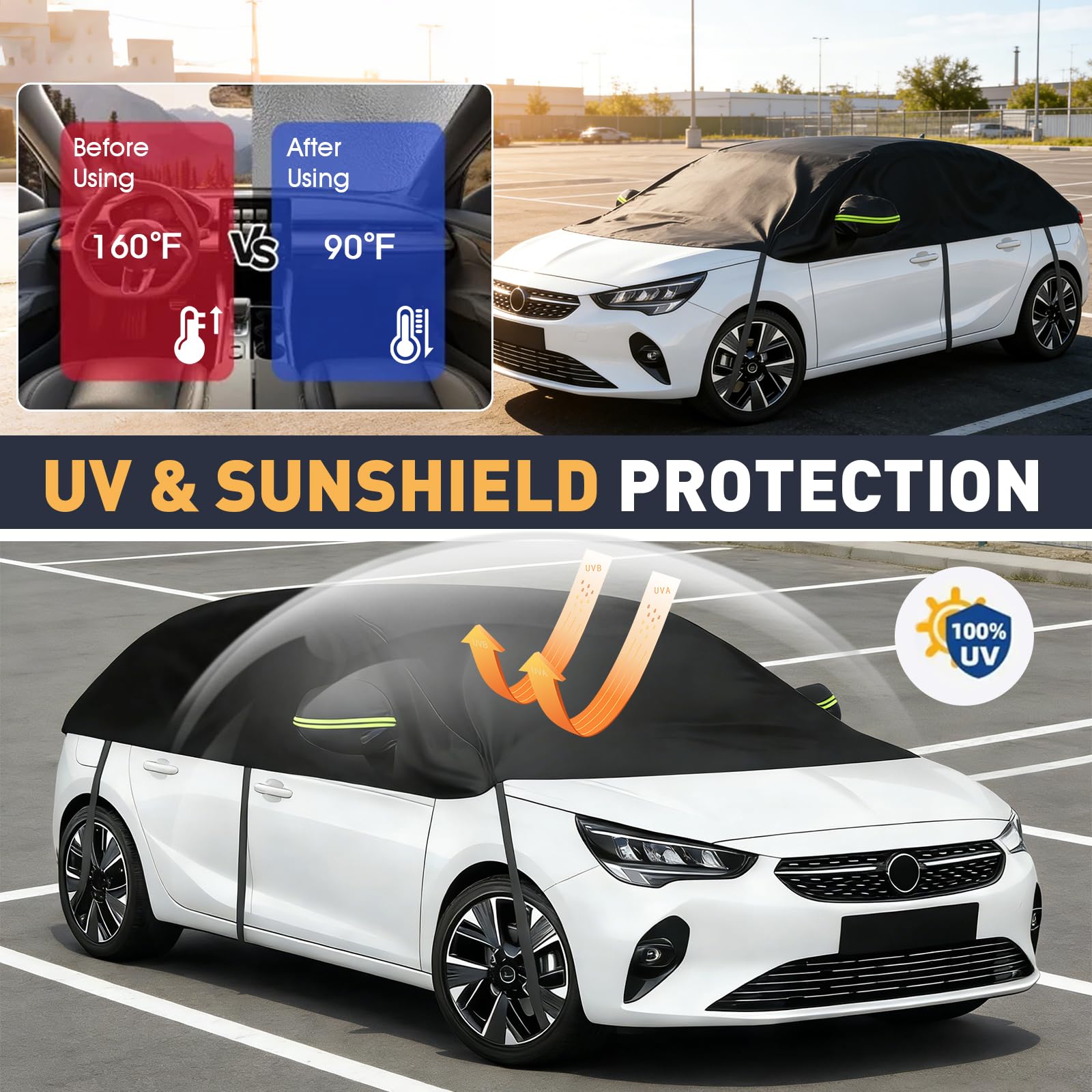 Halbe Autoabdeckung Ersatz Passend für Opel Corsa D Renault Clio VW Golf VW Polo, Universelle Sonnenfest Hälfte Halbgarage, Wasserdicht Auto Halbgarage, UV-Beständige Regen Sonne Staub Schutz