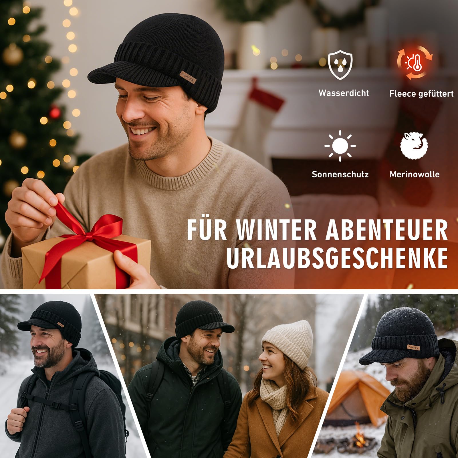 TOP-EX DryKnit - Bonnet tricoté avec visière - Imperméable - Doublure polaire - Chaud pour l'hiver - Mélange de laine