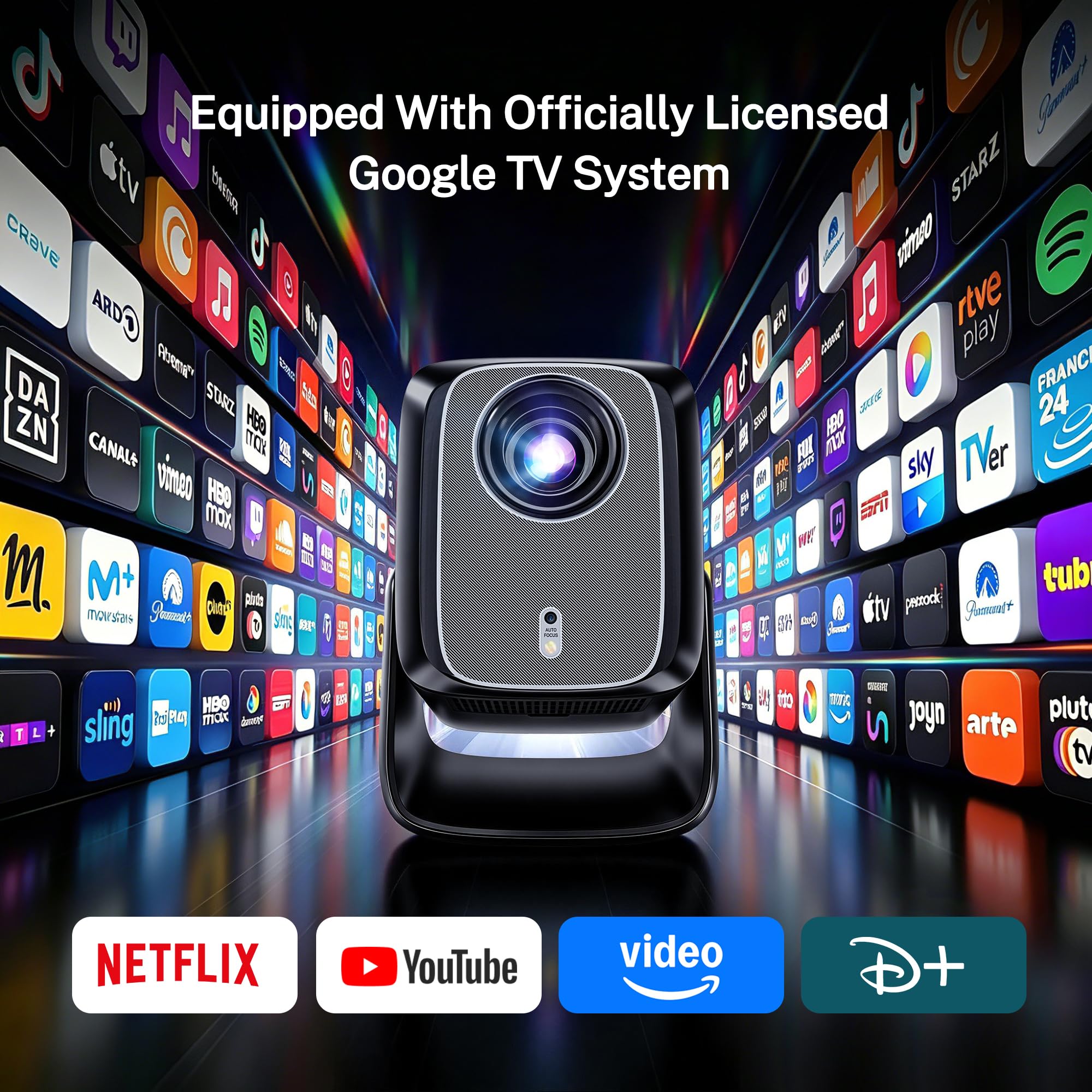 Proiettore Smart GTV 4K Support 2000 ANSI 1080P Nativo Autofocus AI HDR10 | Proiettore Portatile con Controllo Vocale, Messa a Fuoco Automatica IA, Dolby Audio 36W, Wi-Fi e Bluetooth