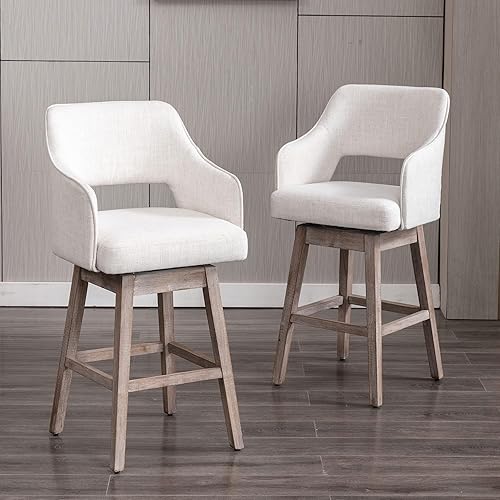 Juego de 2 taburetes de bar de 28 pulgadas de altura de mostrador, taburetes de bar giratorios de 360 con respaldo y patas de madera, sillas