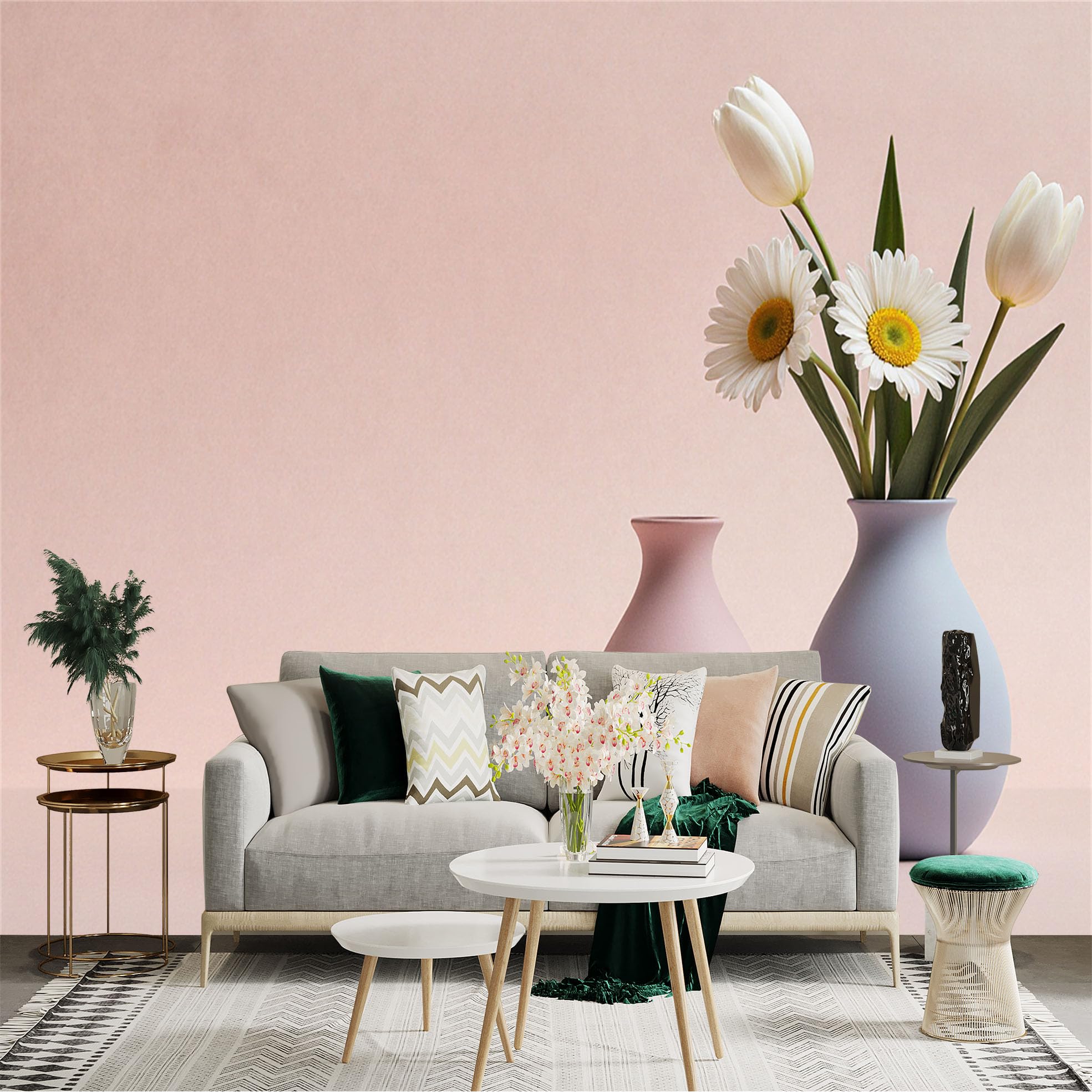 Custom Size Wall Sticker Mural， White Tulips and Daisies in Pastel Vases， Minimalist Floral Art， Elegant Still Life， for wall Decoration， peelandstick wall Decals.