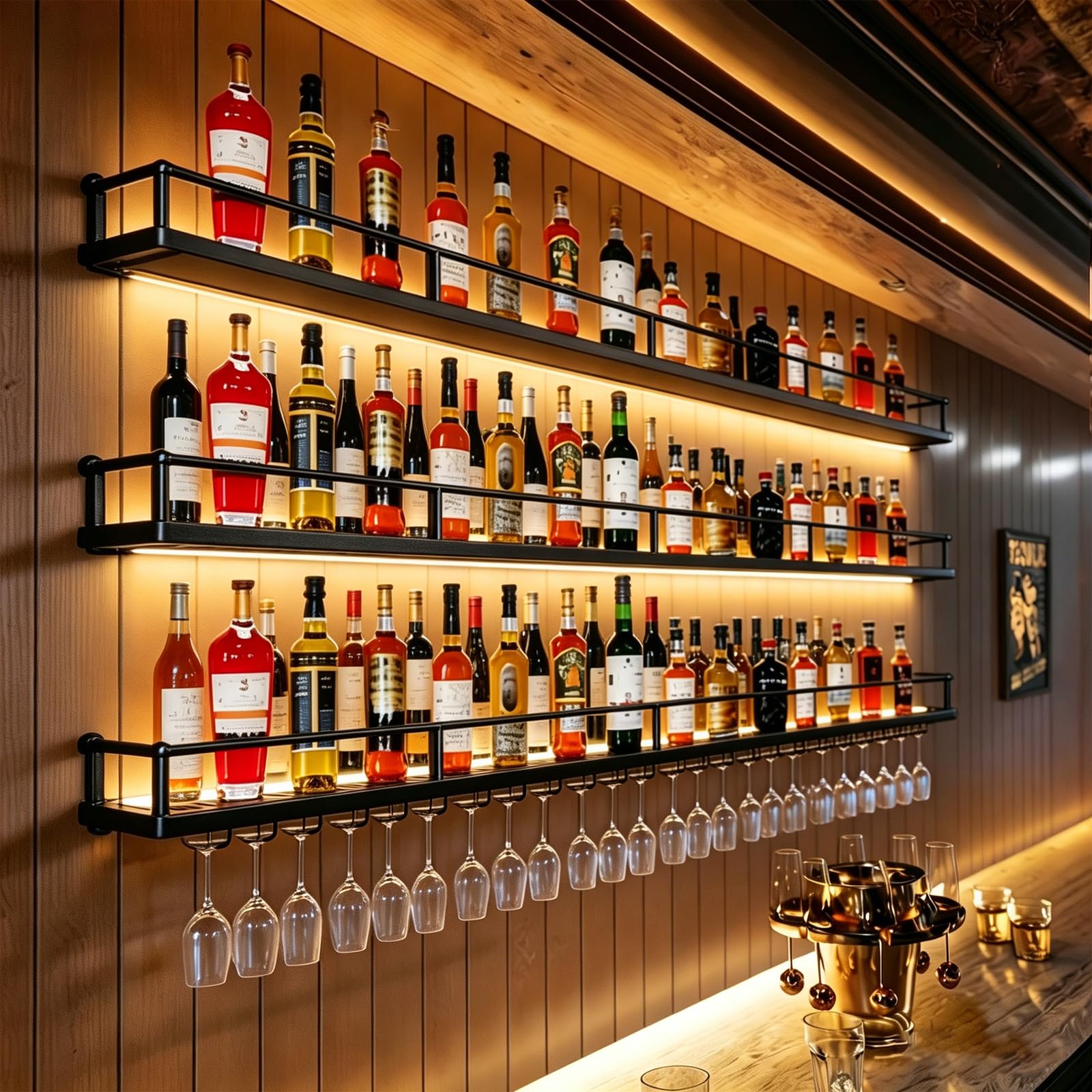 Botellero de Pared Industrial con Luz LED, Estante de Vino de Metal 3 Niveles con Portavasos, Multifuncional, Negro/Dorado, Varios Tamaños para Cocina, Bar, Cafetería (Negro, 140CM)