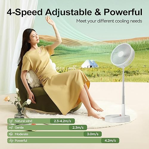 Miniatura 6 de Ventilador recargable plegable portátil Altura ajustable de 4000 mAh USB-C funciona con pilas, ventilador pequeño silencioso de 4 velocidades para
