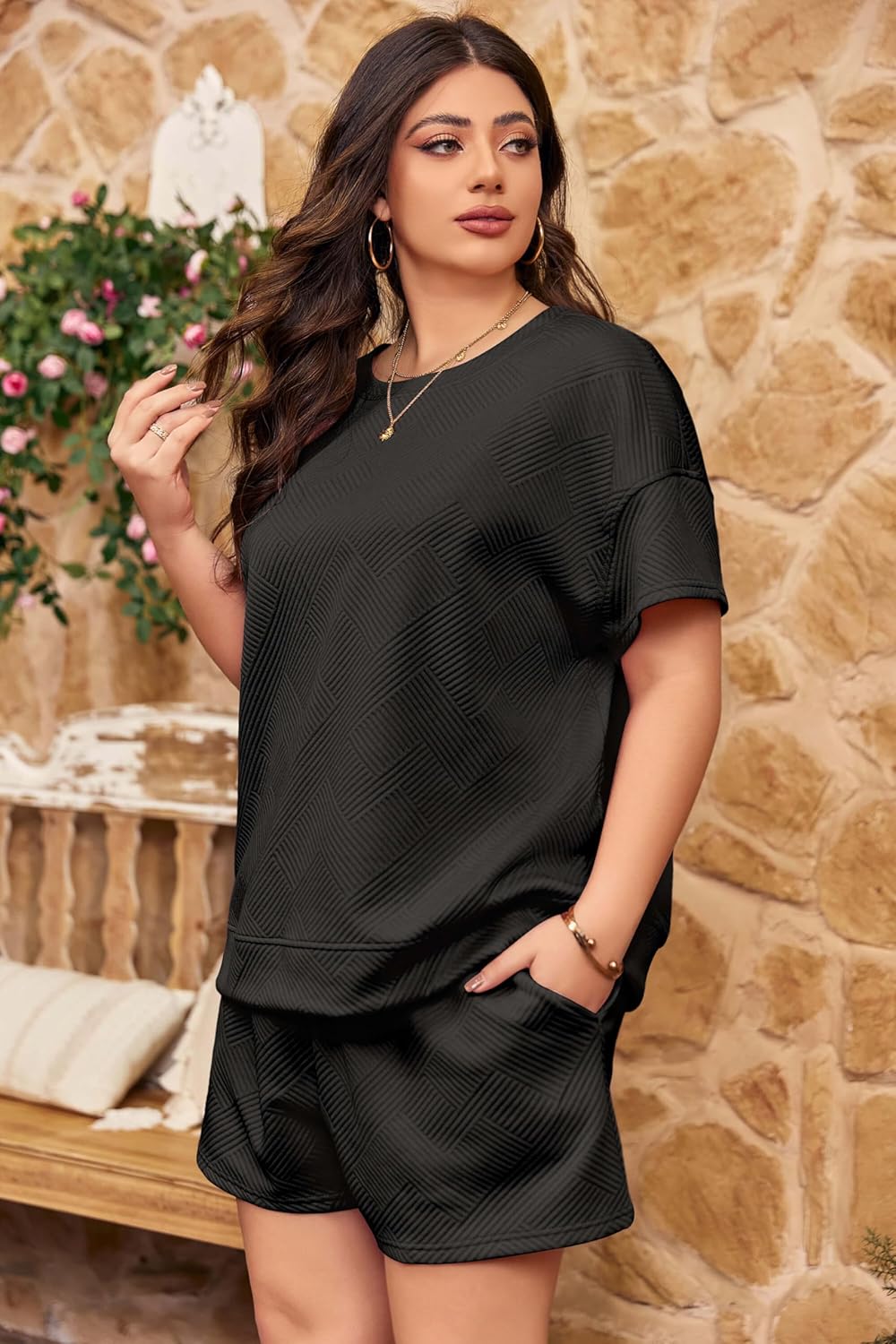 Imily Bela Womens Loungewear Set Short Sleeve Tops and Shorts 2 Piece Outfits Plus Size Oversized Pajama Set with Pockets - Image 4