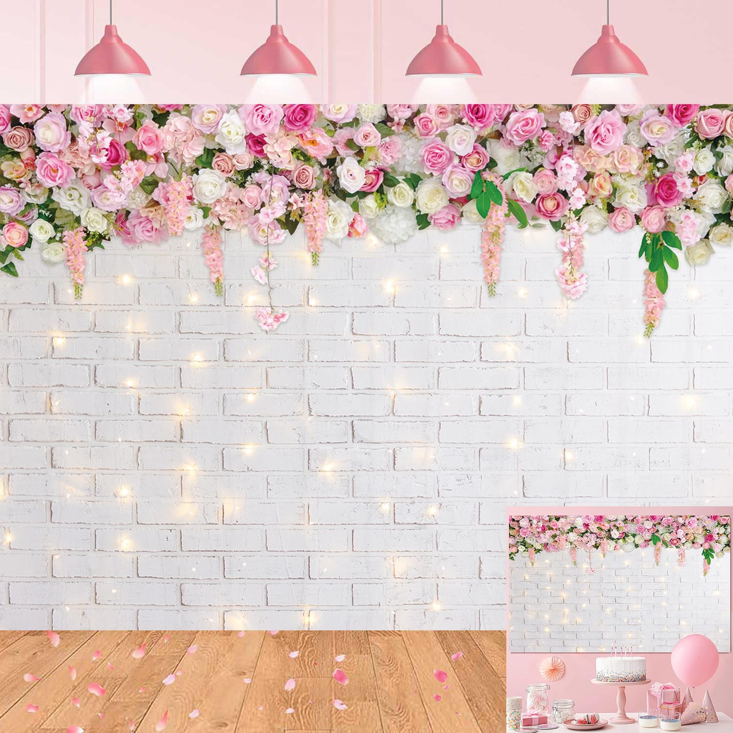 Flower Wall Backdrop Glitter White Brick Wall Mother's Day Flowers Photography Background Mother's Day Wedding Bridal Baby Shower Birthday Party Spring Theme Decor Photo Booth Props (10x8FT)