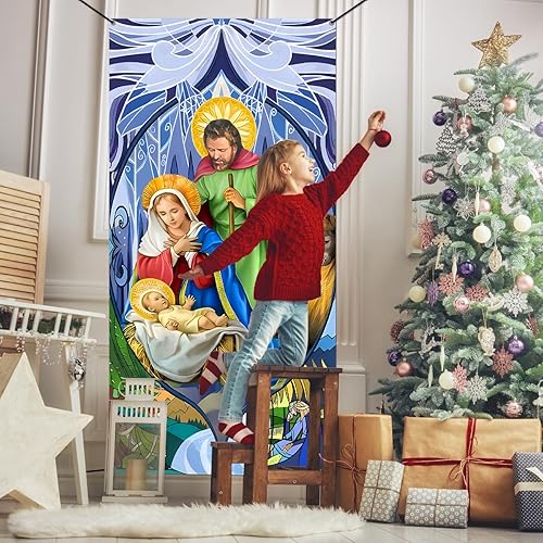 Miniatura 5 de Decoraciones de Navidad para exteriores, cubierta de puerta de Navidad, pesebre, escena religiosa, pancarta de puerta de Navidad, telón de fondo