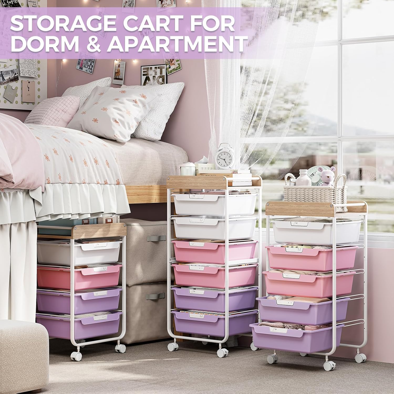 Rolling Cart with 6 Drawers,Utility Storage Cart with Drawers,Art Craft Organizers and Storage,Makeup Organizer with Wooden Tabletop,Purple