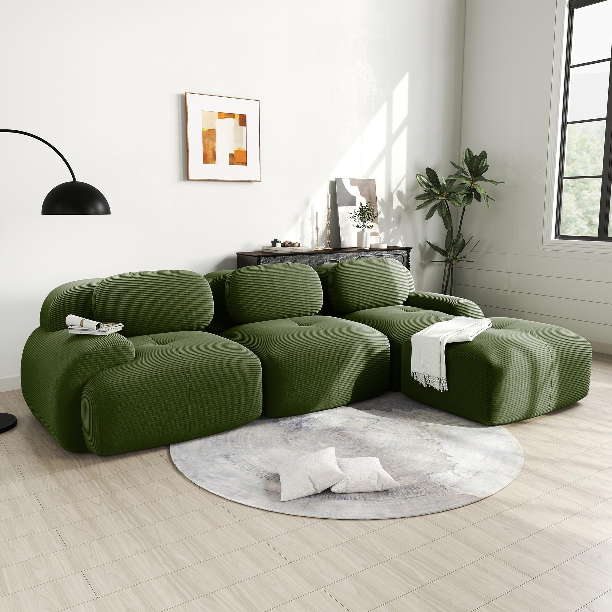 117.3" L-Shaped Cloud Couch Modular Sectional Sofa - Boneless Deep Seat 3-Seater with Movable Ottoman, No Assembly, Corduroy Upholstery Couches for