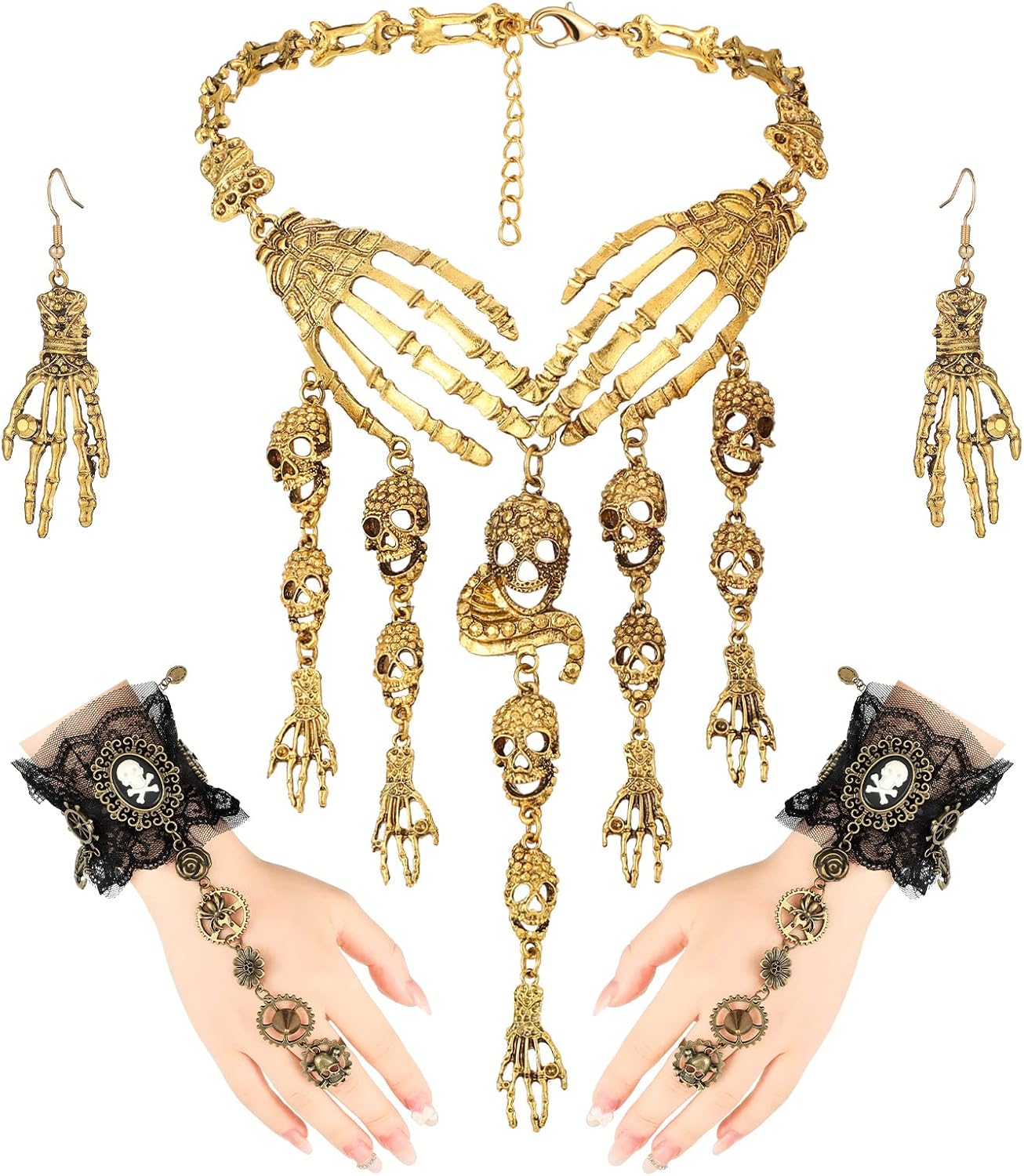 Bonuci Halloween Pirate Jewelry for Women Pirate Skeleton Tassel Charm Necklace Collar Bib Gothic Lace Team punk Bracelet Skull Dangle Earrings Horror Set, Gold