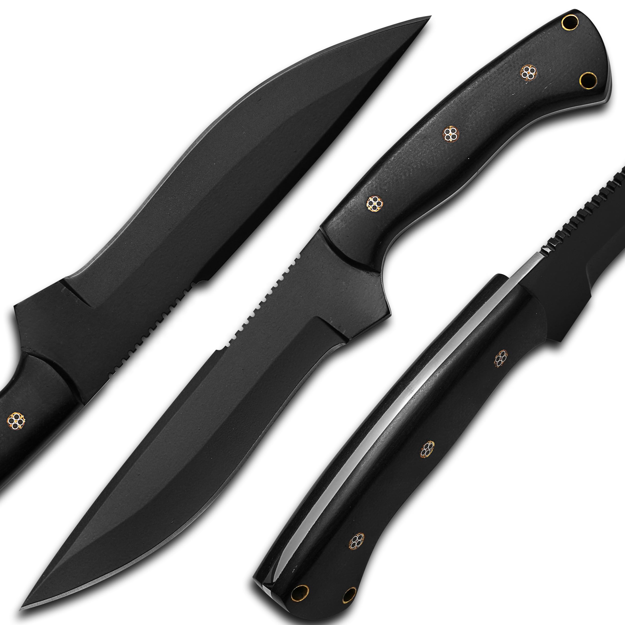 Photo 1 of HMC Horizontal Carry Knife, Handmade High Carbon Steel Full Tang Bushcraft Deer Hunting Bowie Fixed Blade Knife With Scout Carry Leather Sheath & Black Micarta Handle,Powder Coated Rust Free Blade (Black)