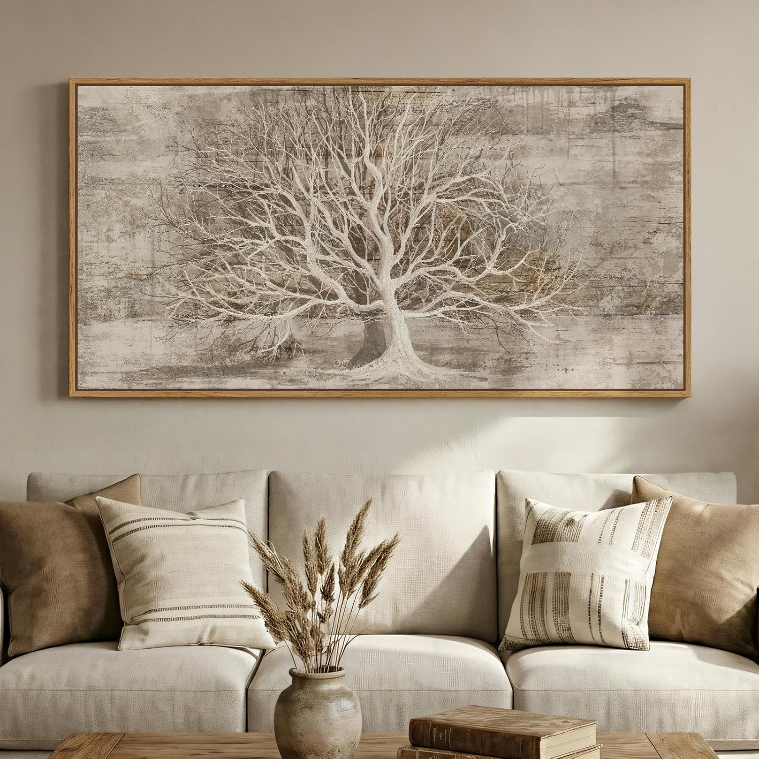 Large Framed Tree of Life Wall Art for Living Room, Rustic Farmhouse Abstract Tree Canvas Painting Print Artwork for Walls, Modern Neutral Forest Picture for Bedroom Office Wall Decor, 60x30 In