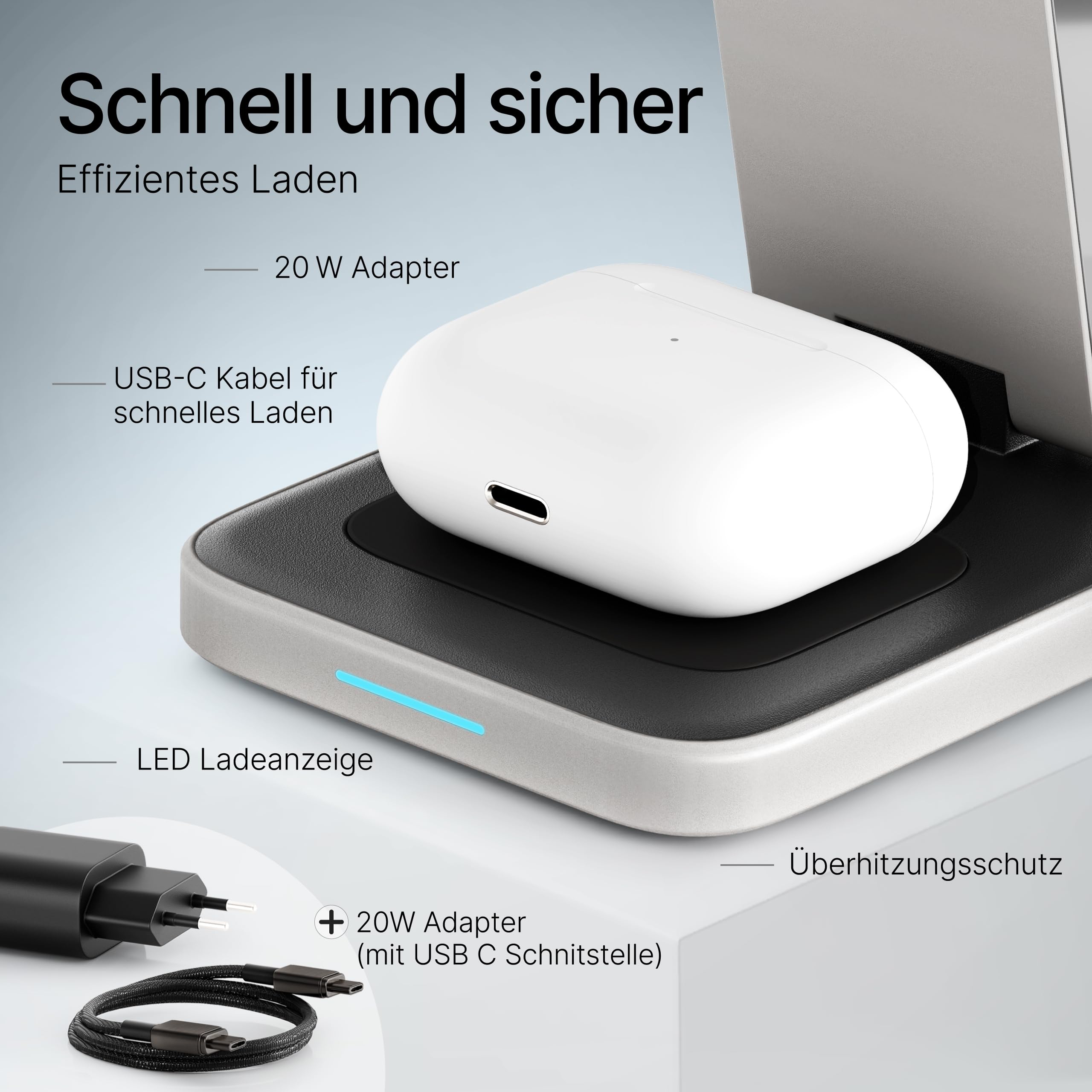 Aluminium Ladegerät – Ladestation Apple Watch und iPhone kompatibel, iPhone Ladestation, Apple Ladestation, inkl. 20W Adapter & USB-C-Kabel