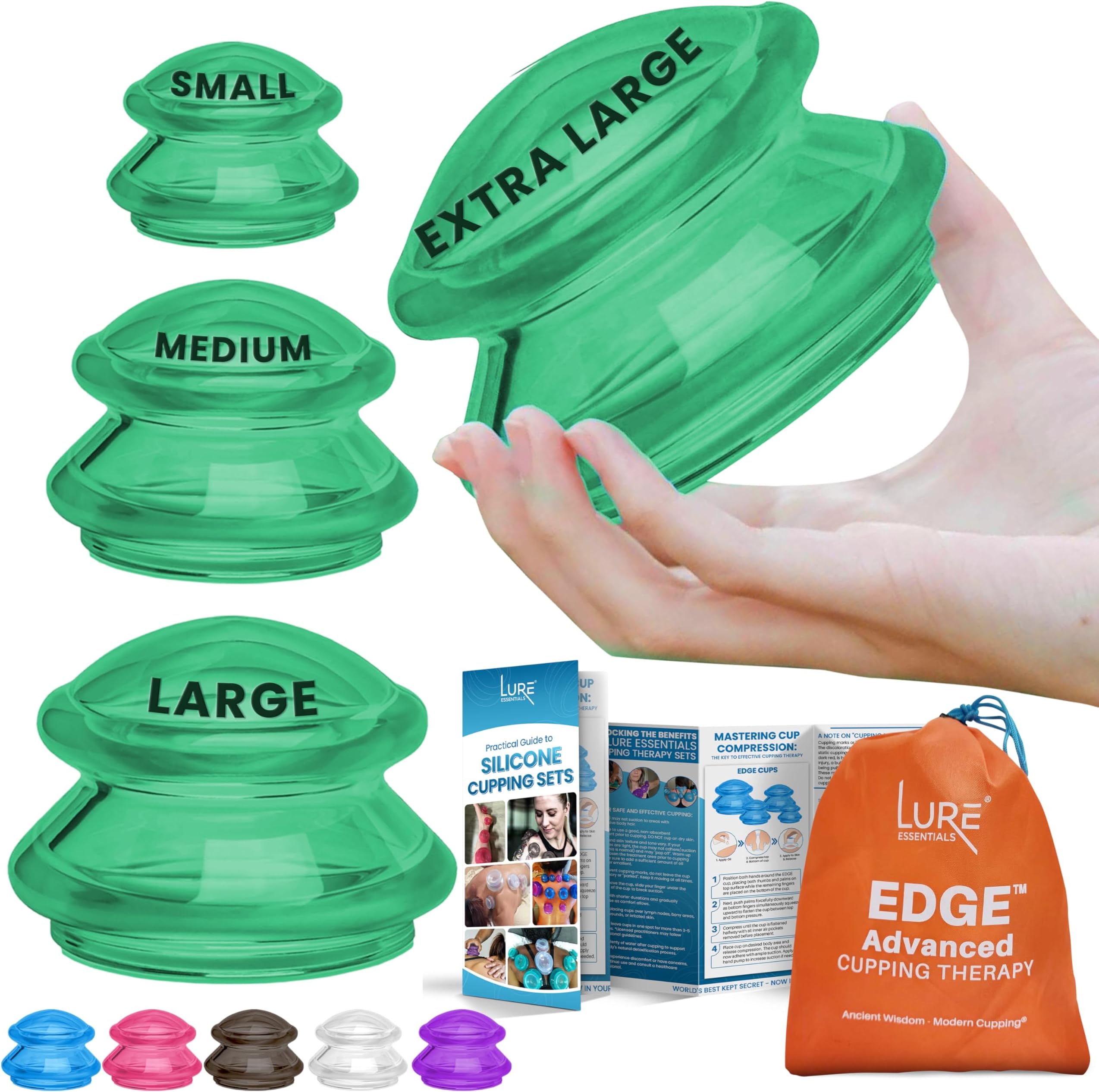 LURE Home Spa Cupping Massage Kit - The Most Recommended Therapy Set for Muscle Soreness, Pain Relief, Injury Recovery, Toning & Cellulite Professional Medical Grade 4 Cups (Emerald Green)