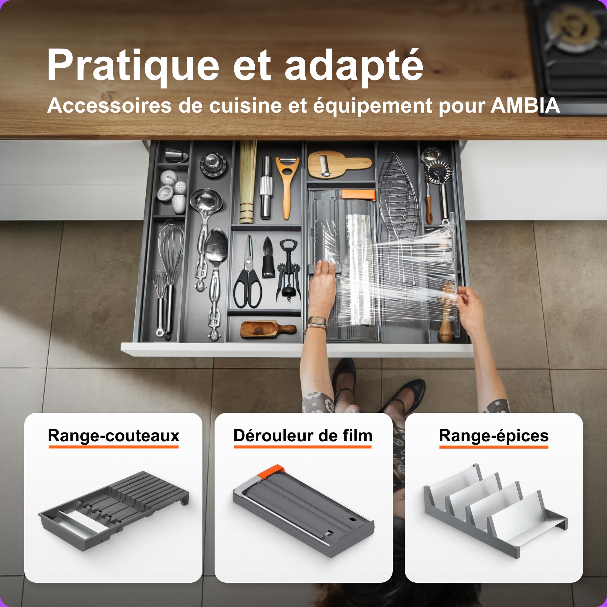 Blum AMBIA-LINE range-couverts Soft-Touch | organiseur de tiroir premium pour tiroir et meuble de cuisine modernes | protège, trie et range couverts et ustensiles | 42×30×5 cm | Gris/Blanc