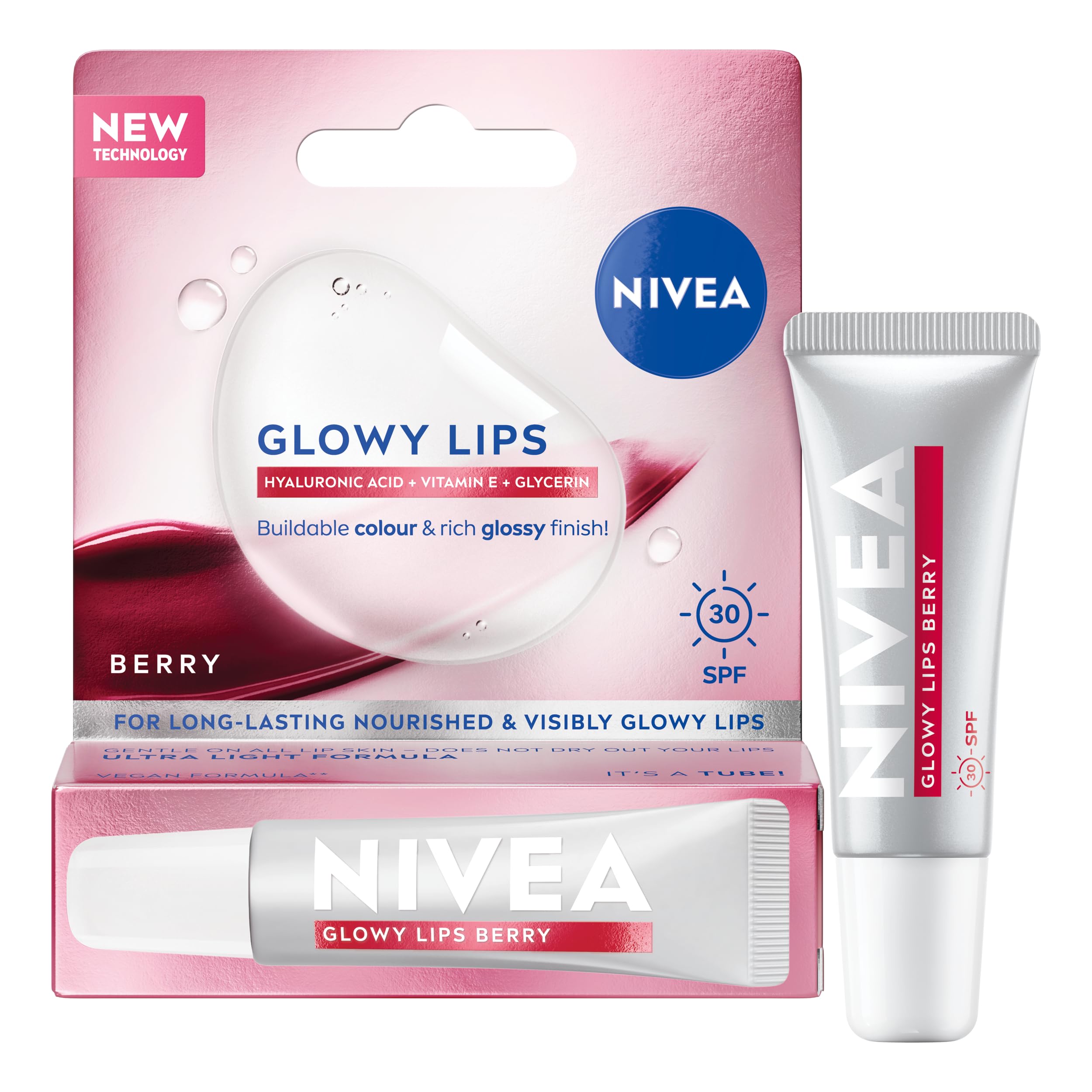 NIVEA Lip Hyaluron Glowy Lips Tube Berry (10ml), Lip Balm with Berry Shine and SPF30 Protection, Hydrating Lip Care with Hyaluronic Acid and Vitamin E, Long-Lasting Glowy Finish