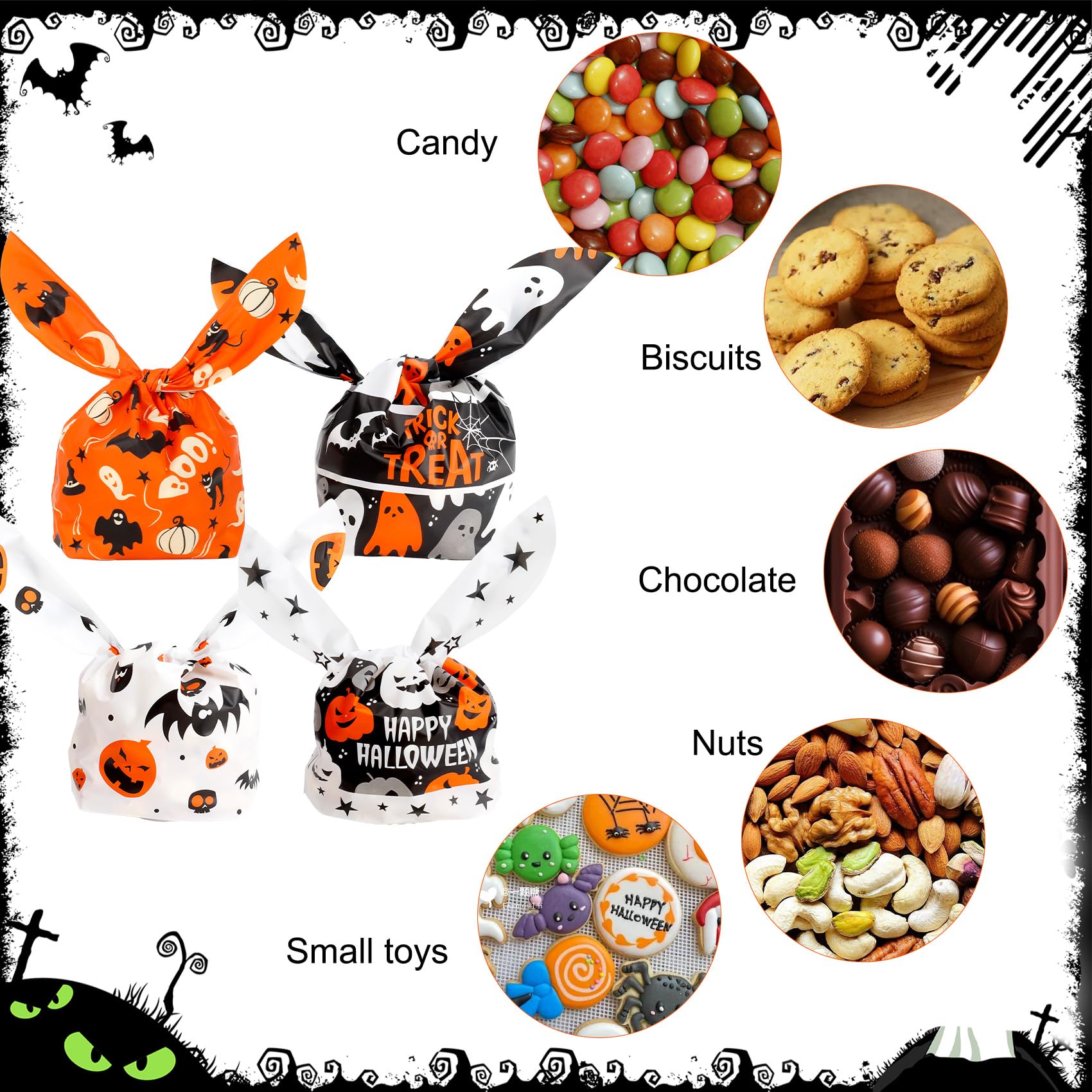 70 Sachets Bonbons Halloween Oreilles De Lapin - 14x23 Cm - 7 Motifs - Plastique Résistant - 6
