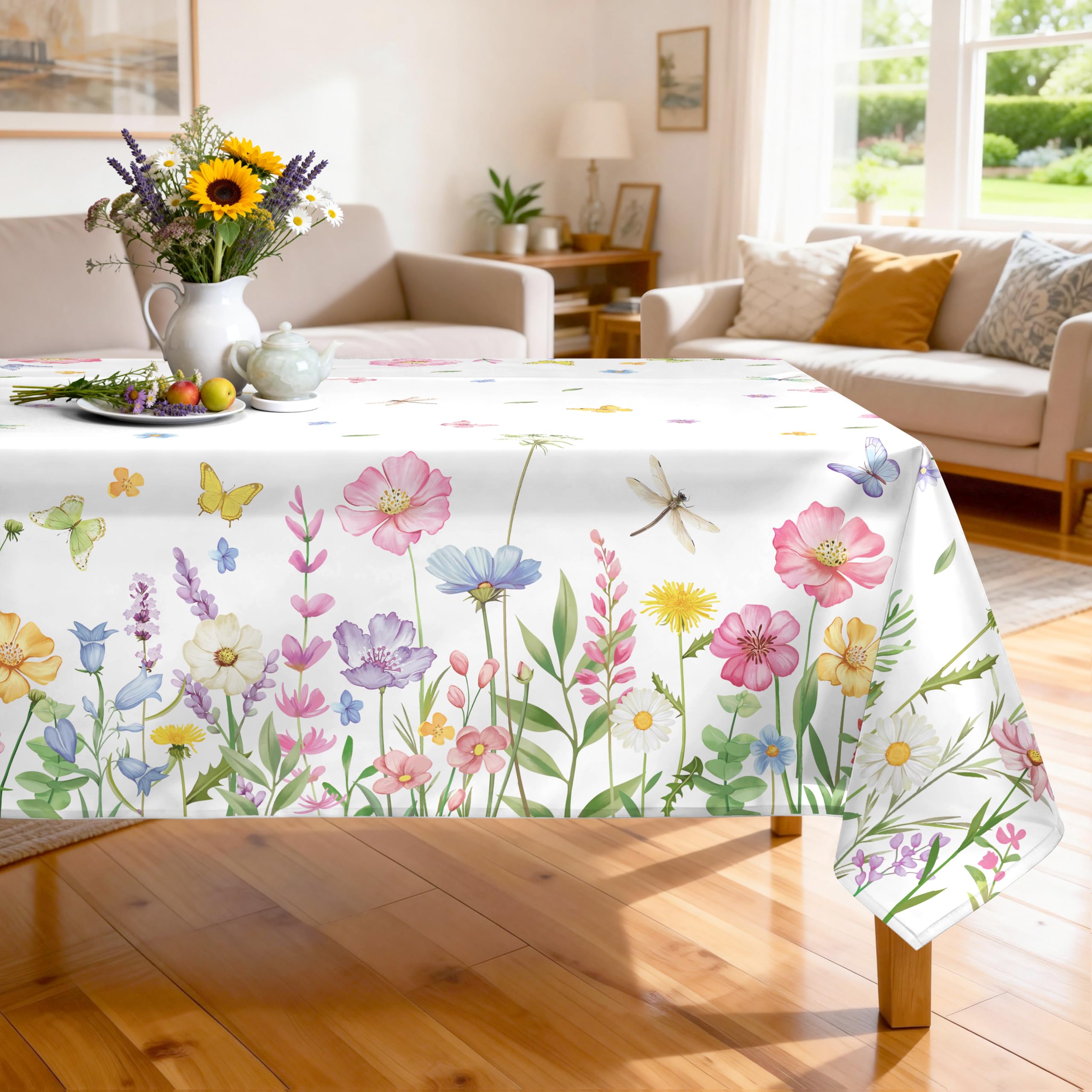 Arquiel Spring Summer Tablecloth Waterproof, Wild Flowers Butterfly Table Cloth Rectangle, Washable Table Cover for Party Picnic Wedding Outdoor Dining Decor (140x180cm) — image 1