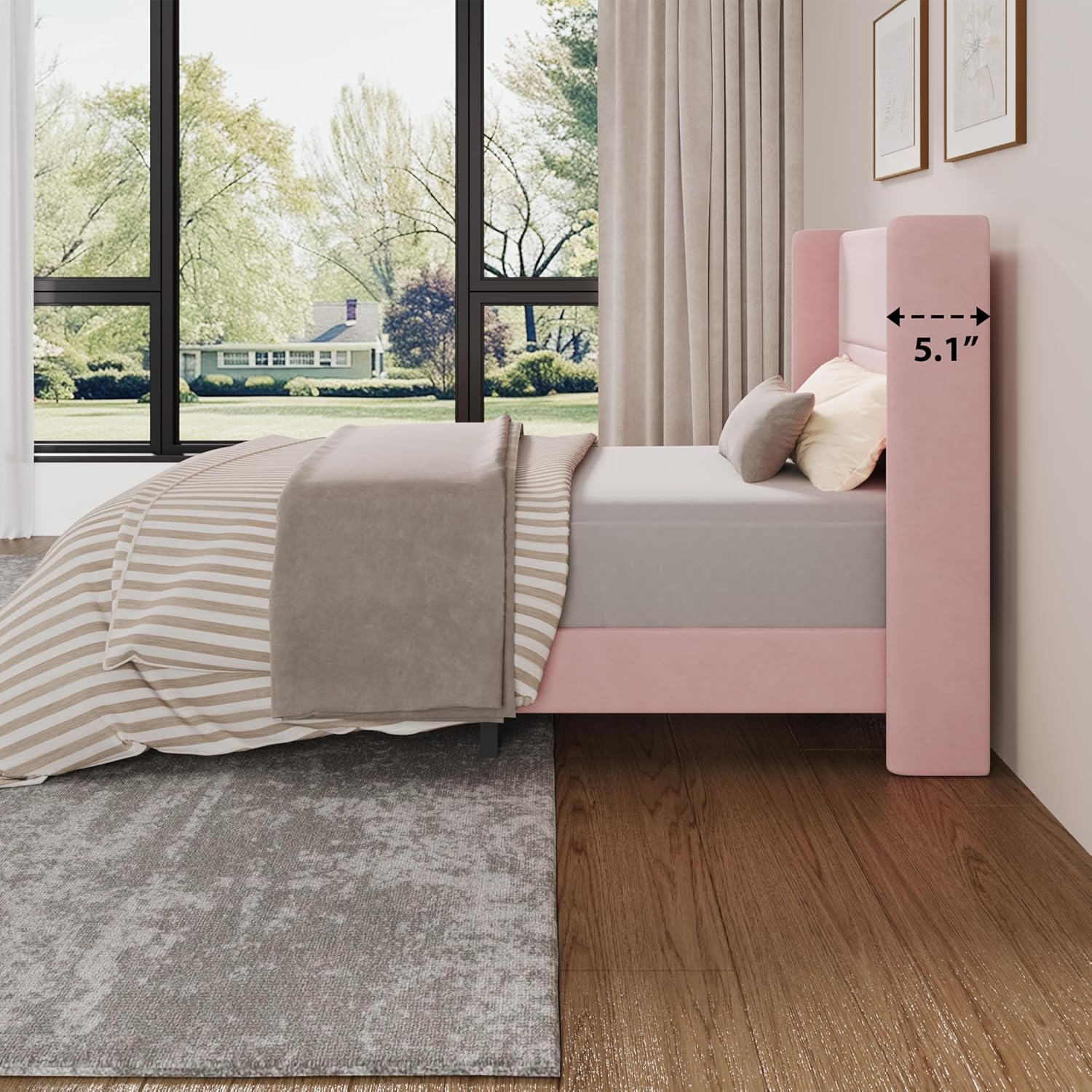 Twin Size Bed Frame with Wingback Headboard, Velvet Upholstered Platform Bedframe with Wood Slats, No Box Spring Needed, Easy Assembly, Pink