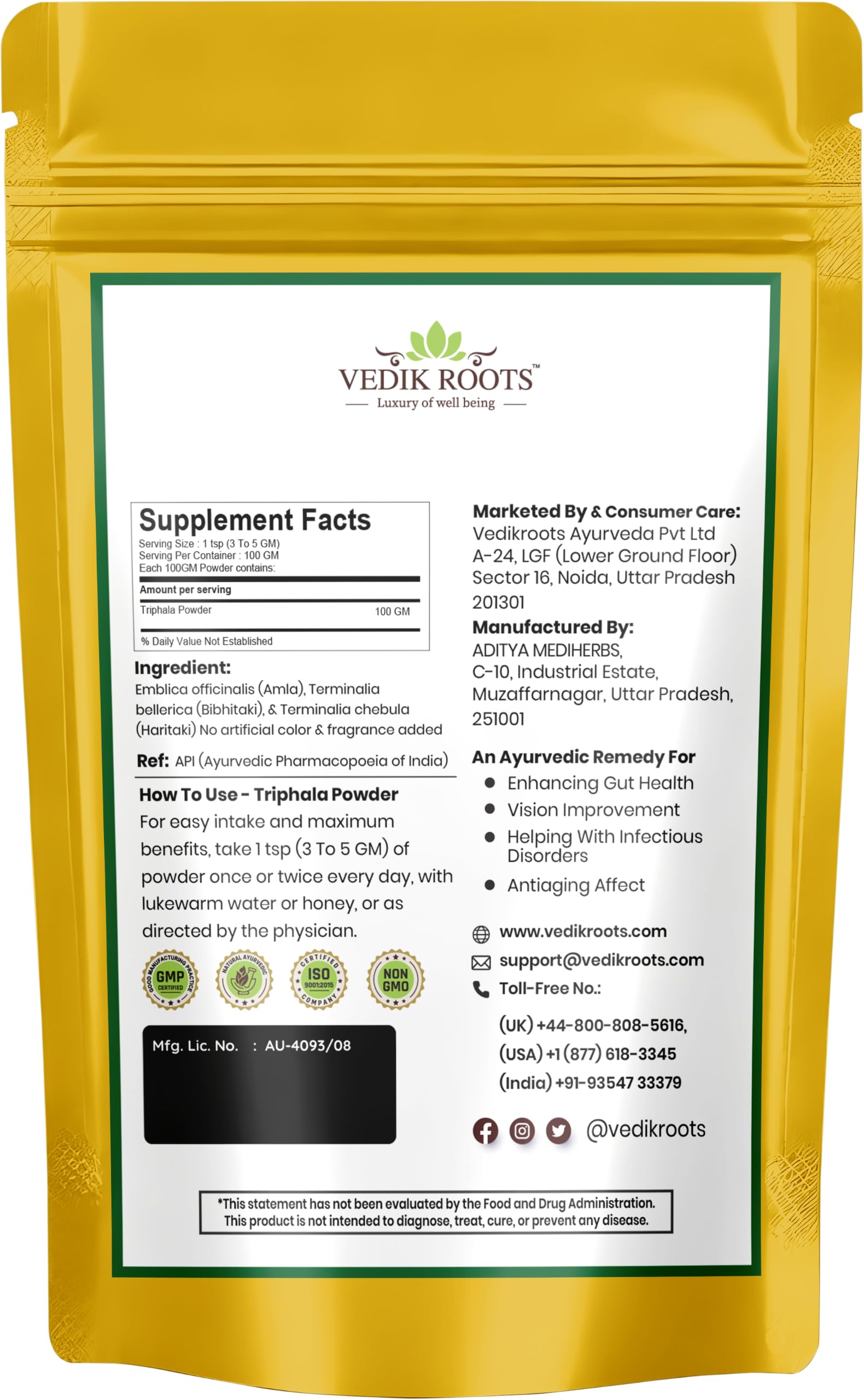 Triphala Powder/Churan - 100g (Pack of 01)| Supplement & Immunity Booster | Haritaki, Bibhitaki & Amla | Ayurvedic Herbal Supplement | Pack of 1 — Amazon image 2