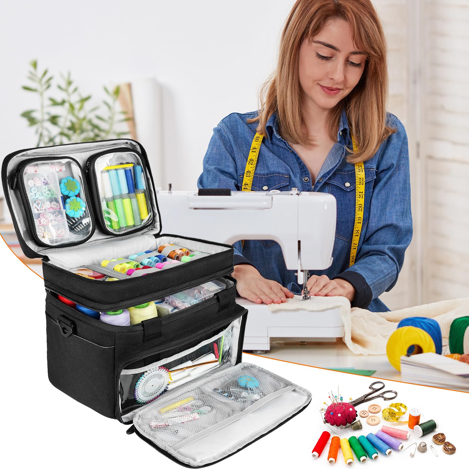 Nähzubehör Organizer Tasche mit Schultergurt – Doppellagige Näh-Aufbewahrung mit 2 herausnehmbaren Taschen – Große Reise-Nähbox für Nähbedarf & Werkzeuge (Schwarz, 30x20 cm)
