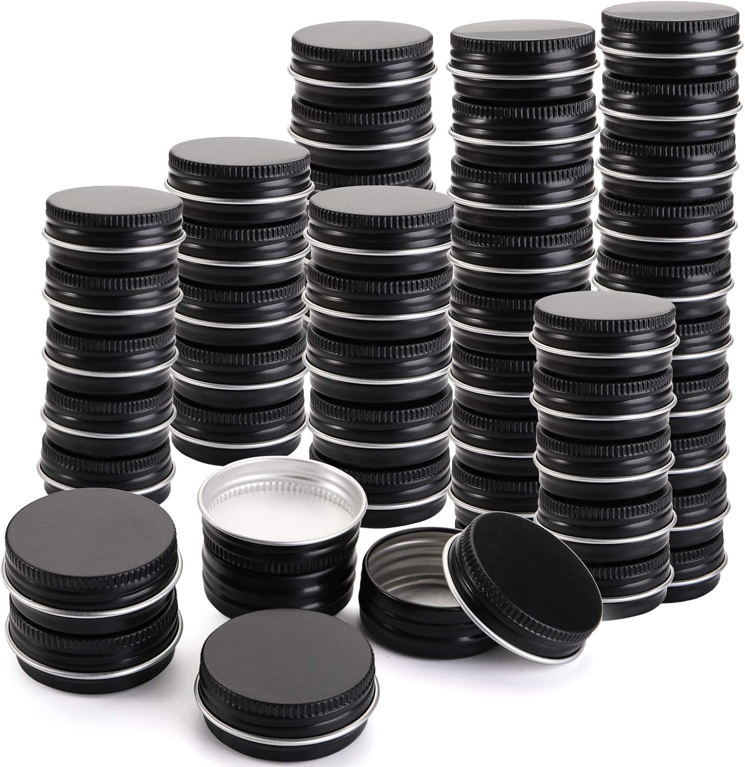 Foraineam 100 Pack 0.5 oz Mini Aluminum Round Lip Balm Tin Containers with Screw Lid – 15ml Metal Storage Travel Tins Matte Black Empty Tin Jars
