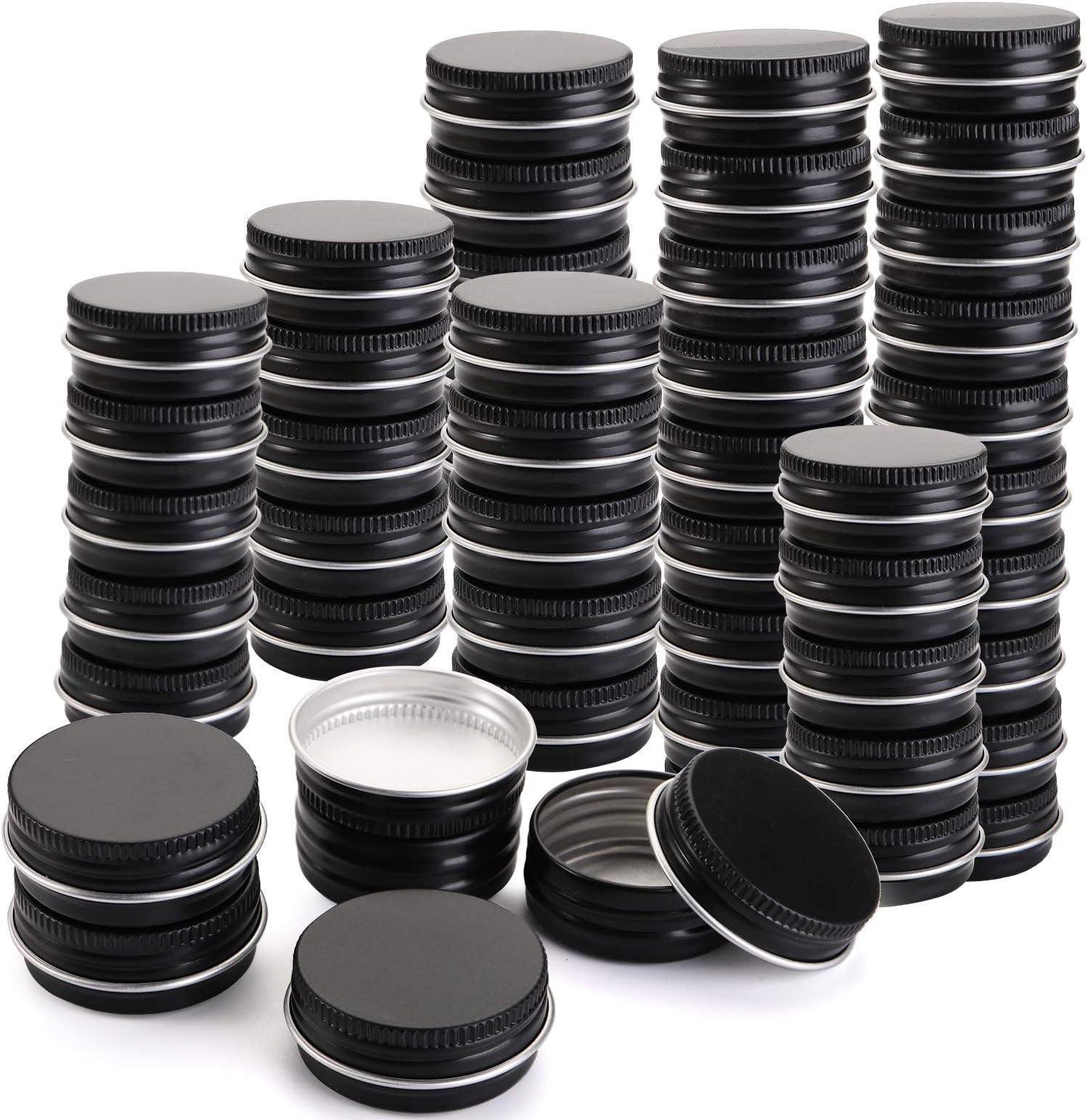 Foraineam 100 Pack 0.5 oz Mini Aluminum Round Lip Balm Tin Containers with Screw Lid - 15ml Metal Storage Travel Tins Matte Black Empty Tin Jars