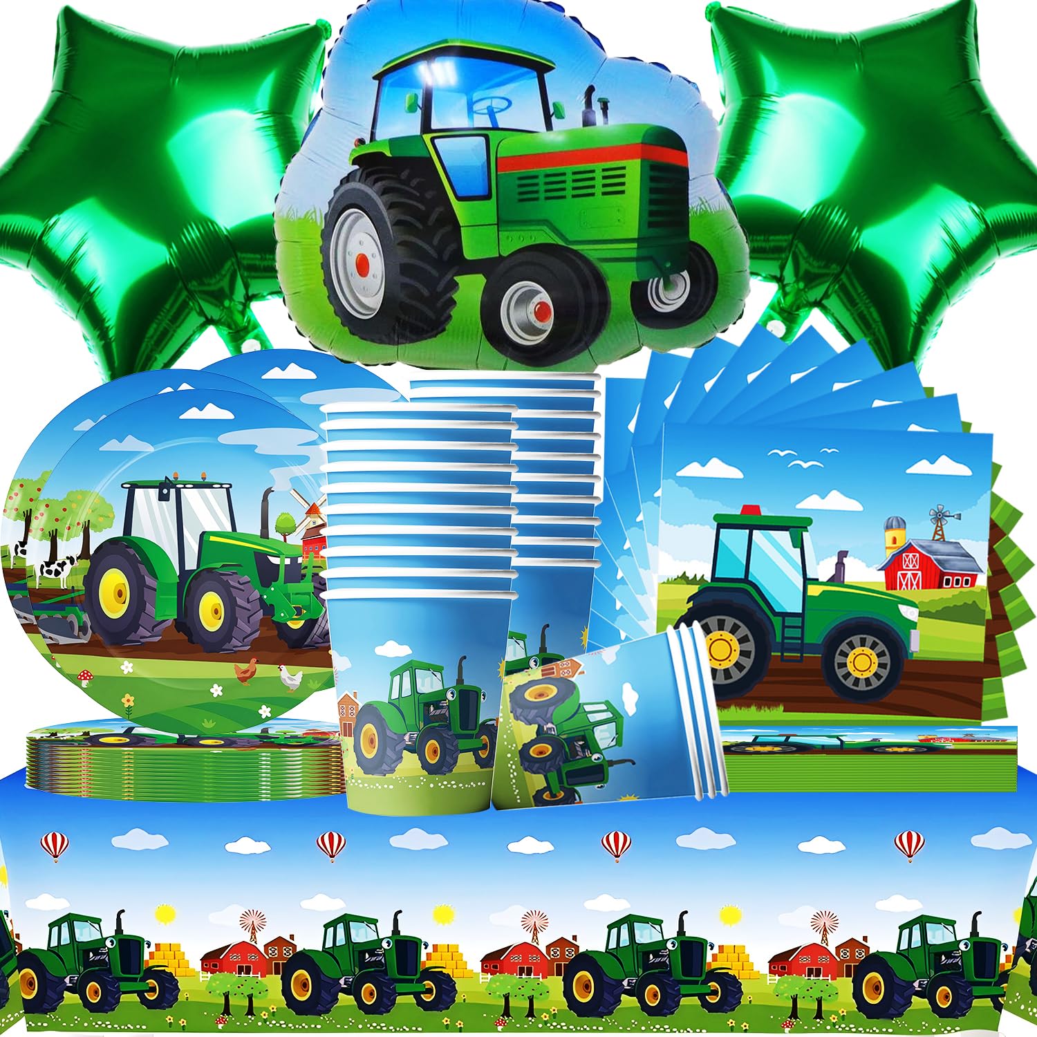 Tractor Party Tableware Serves 20, Green Farm Party Tableware, Birthday Party Table Decoration Set (Tablecloth + Cups + Plates + Napkins + Balloons)
