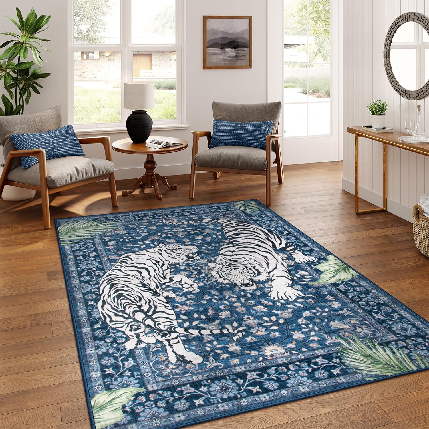 Tapis grand 180x200cm bleu floral traditionnel pour salon salle à manger