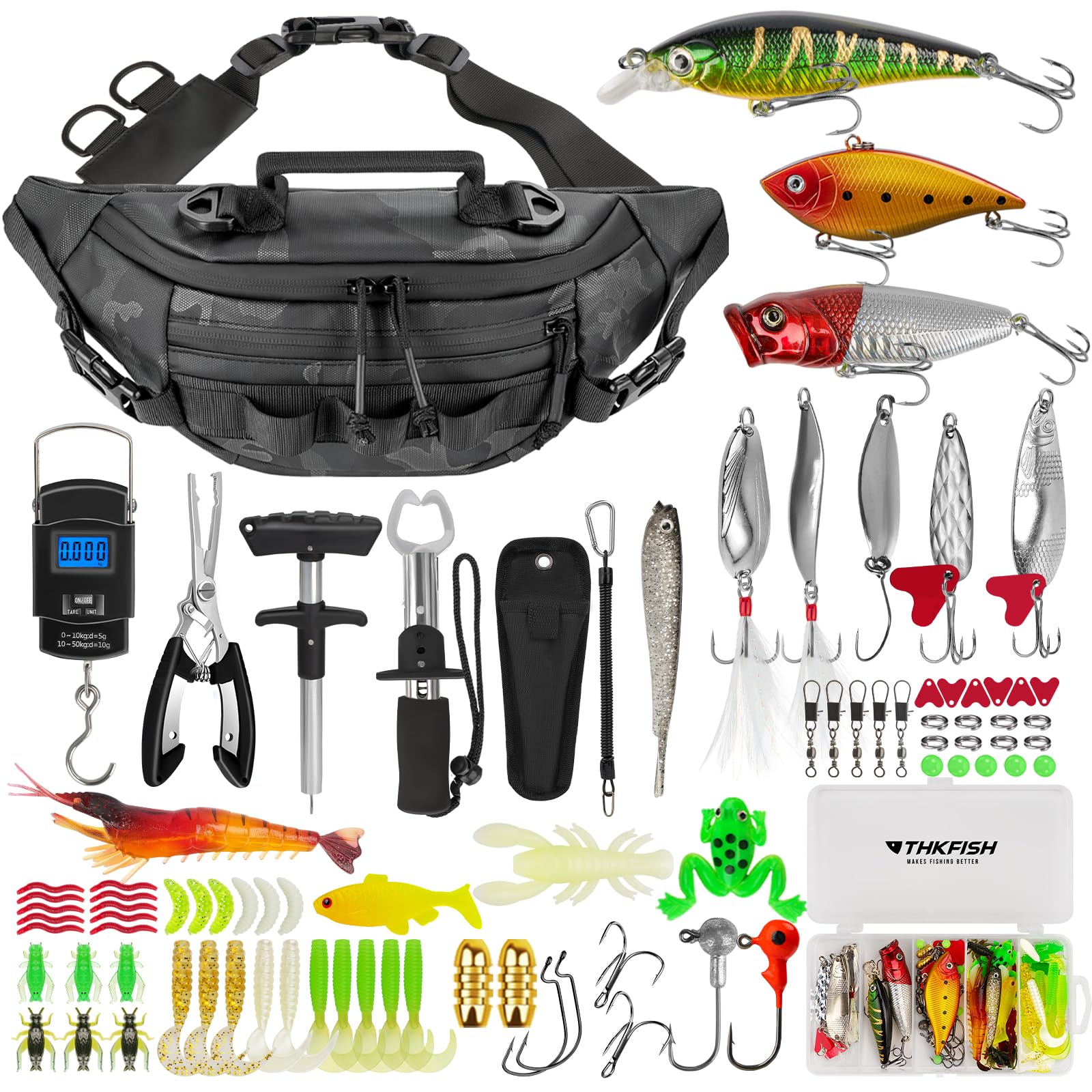 THKFISH 85Pcs Angeln Tool Kit, Angeln Tackle Box mit Tackle Sling Bag enthalten, Angeln Zangen Kit Angeln Köder Gear Kit mit Angeln Waist Pack für Kinder & Erwachsene
