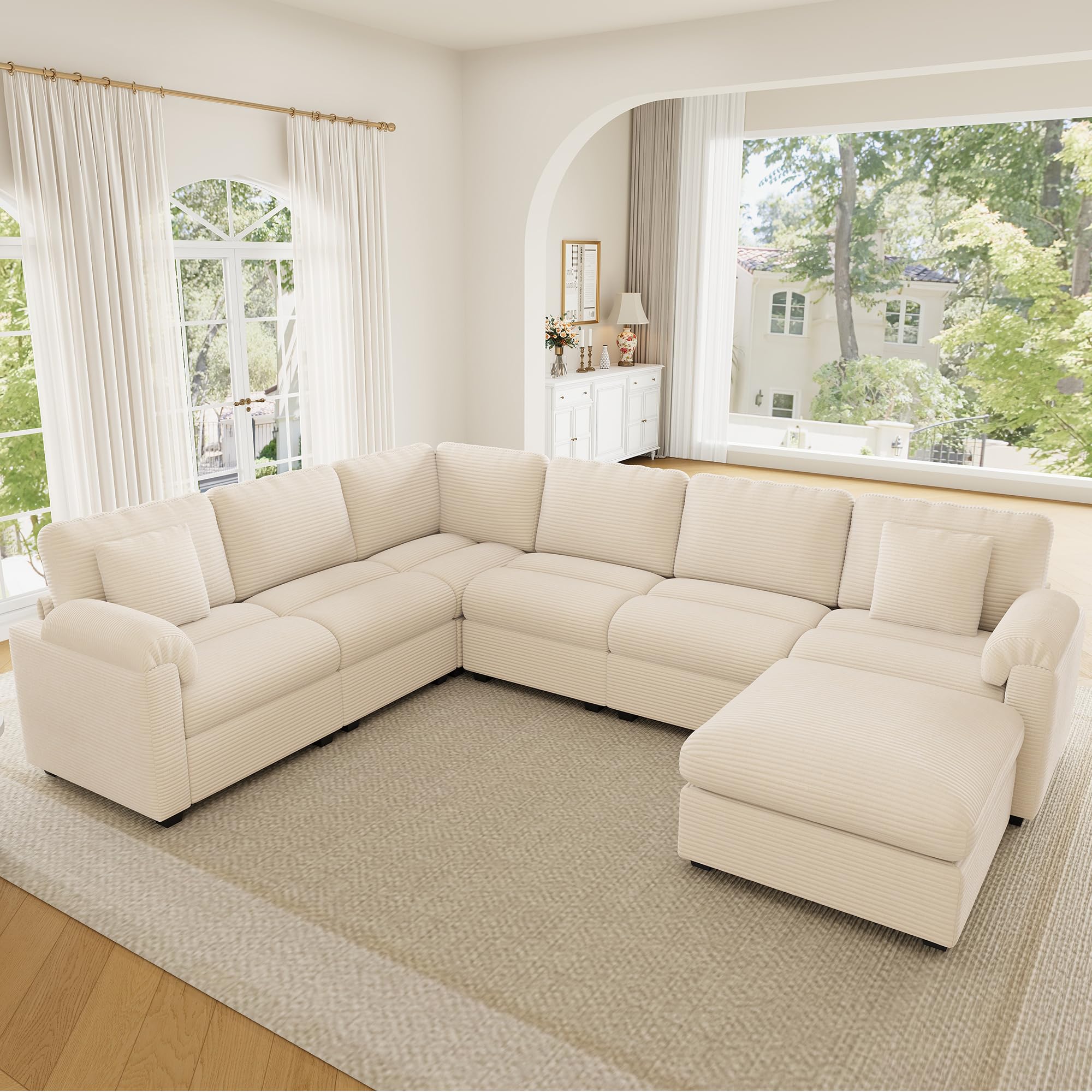 Sapgaks Sofá Convertible de 7 plazas en U/L con Pufs Móvil, Sofá de esquina grande Convertible de pana con cojines, Sofá Modular Multifuncional en el Salón Appt, Beige