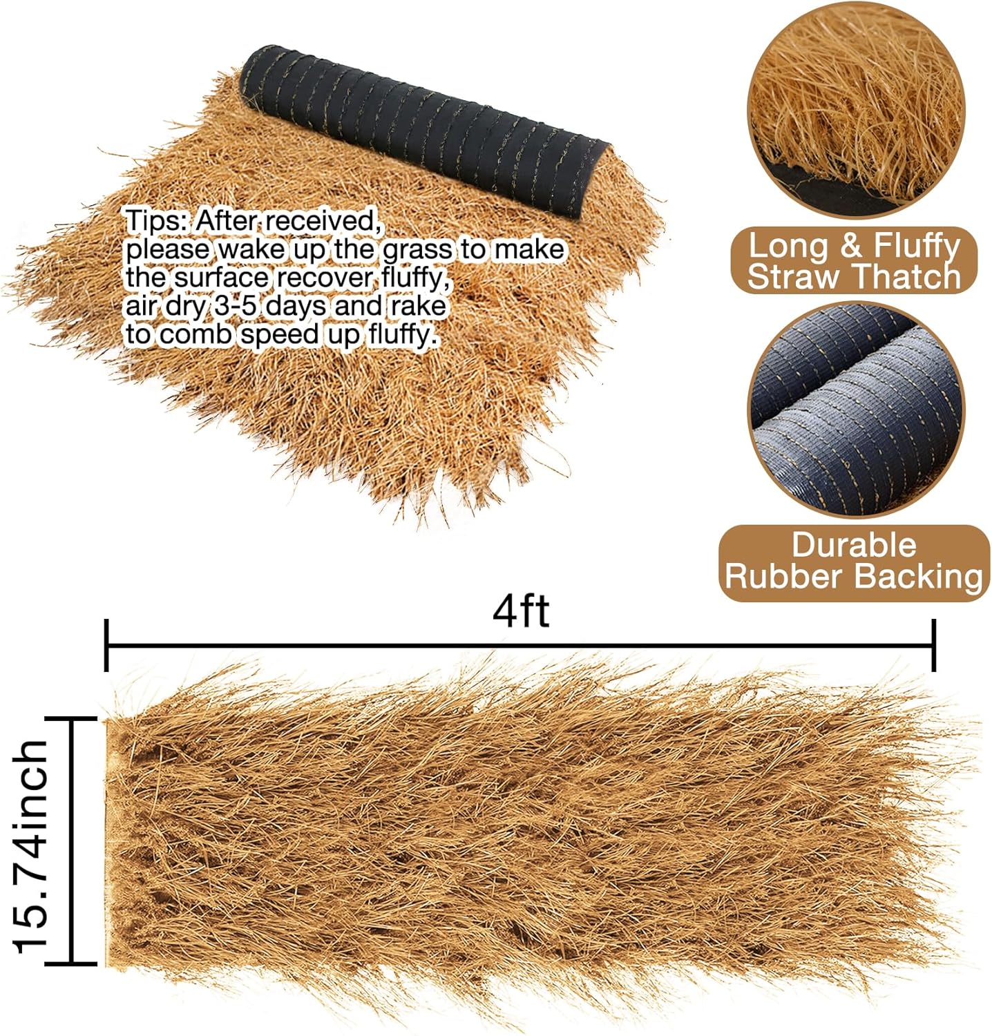 XLX TURF Synthetic Thatch Grass Roof for Western Party Decor Tiki Bar - Fireproof Artificial Hay Straw Roll Barn Wedding DIY Crafts Birthday Background Garden Fence Patio -