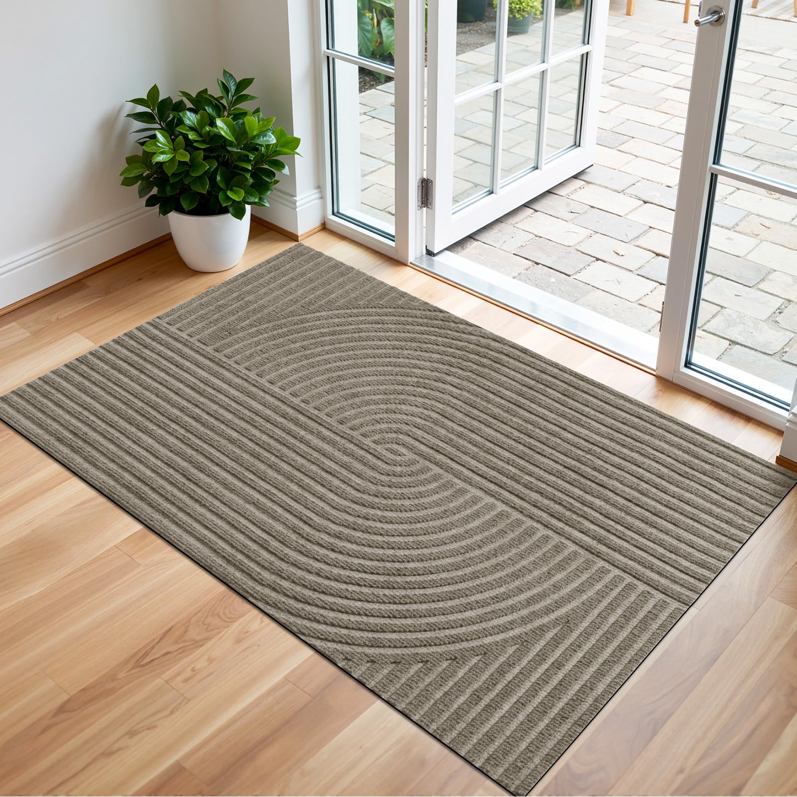 Tapis entrée intérieur 90x150 cm beige à vagues lavable et antidérapant