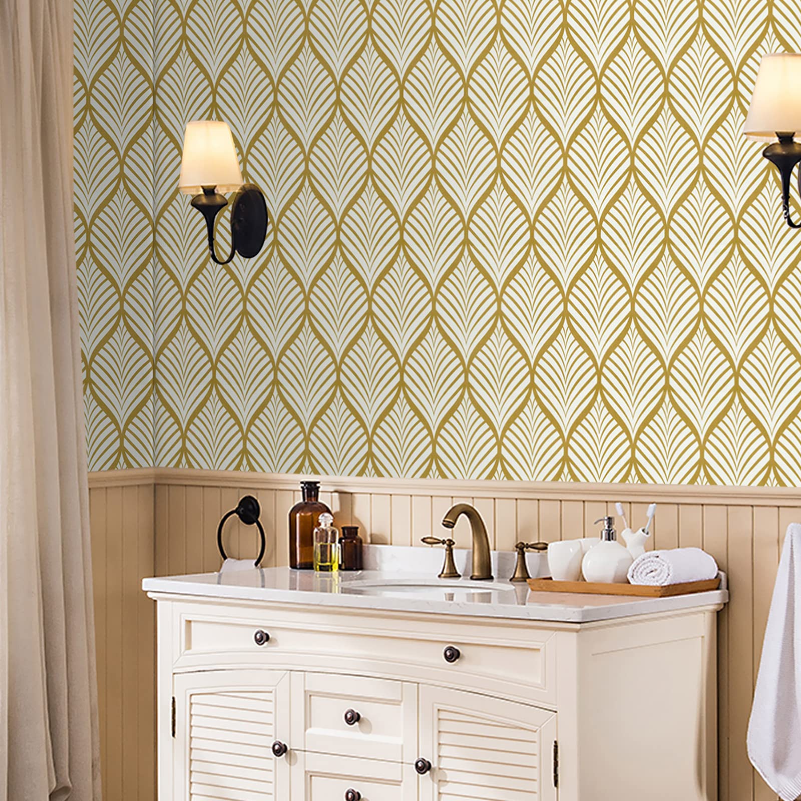Papel Pintado Moderno Amarillo Adhesivo de Pared Autoadhesivo Impermeable con Diseño Geométrico de Rayas Doradas Para Baño Sala de Estar Dormitorio Decoración de Puerta de Cocina 44,5x1000cm