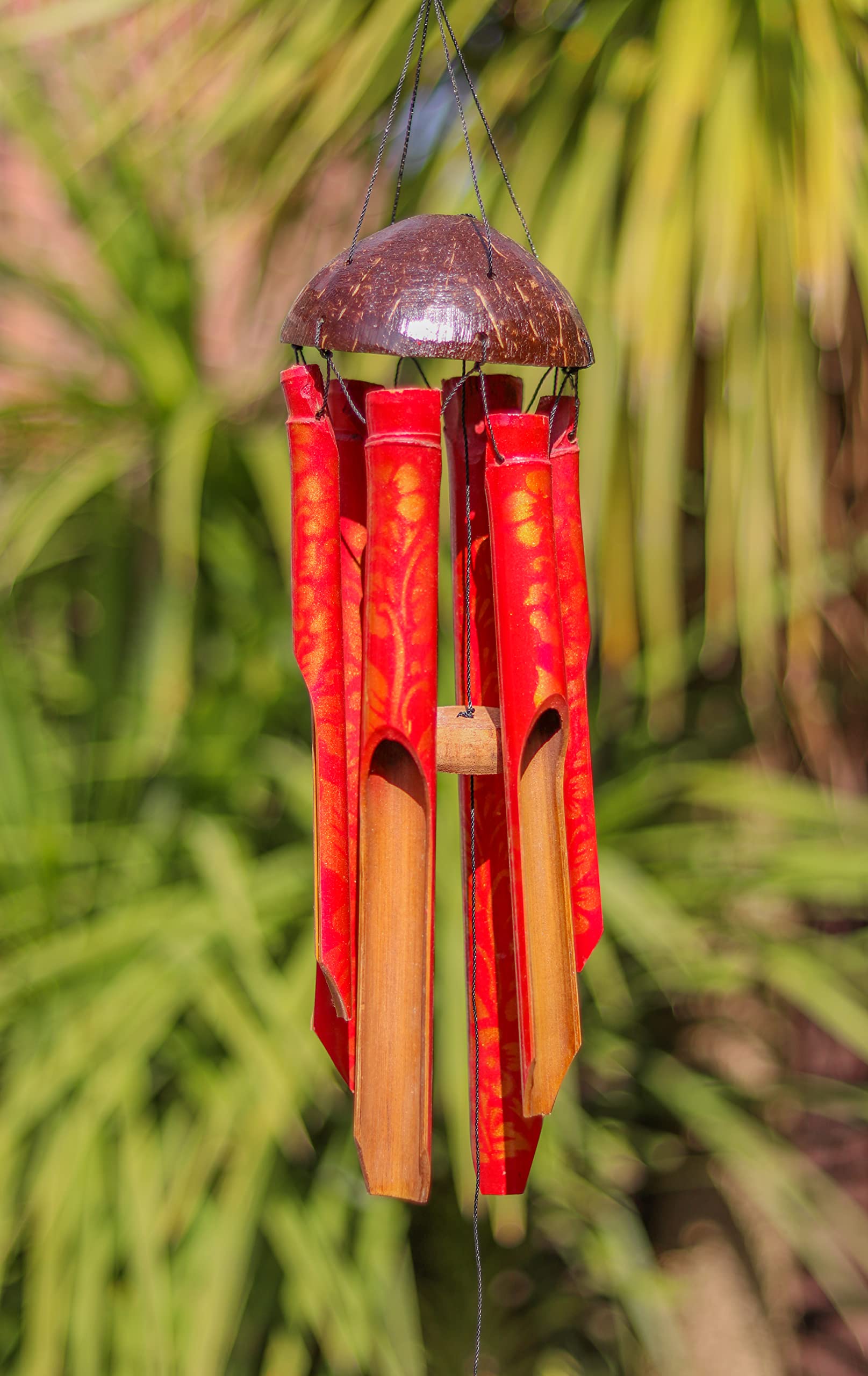 Wind Chime in Red Bamboo & Coconut - Handmade Hanging Accessory - 30 cm