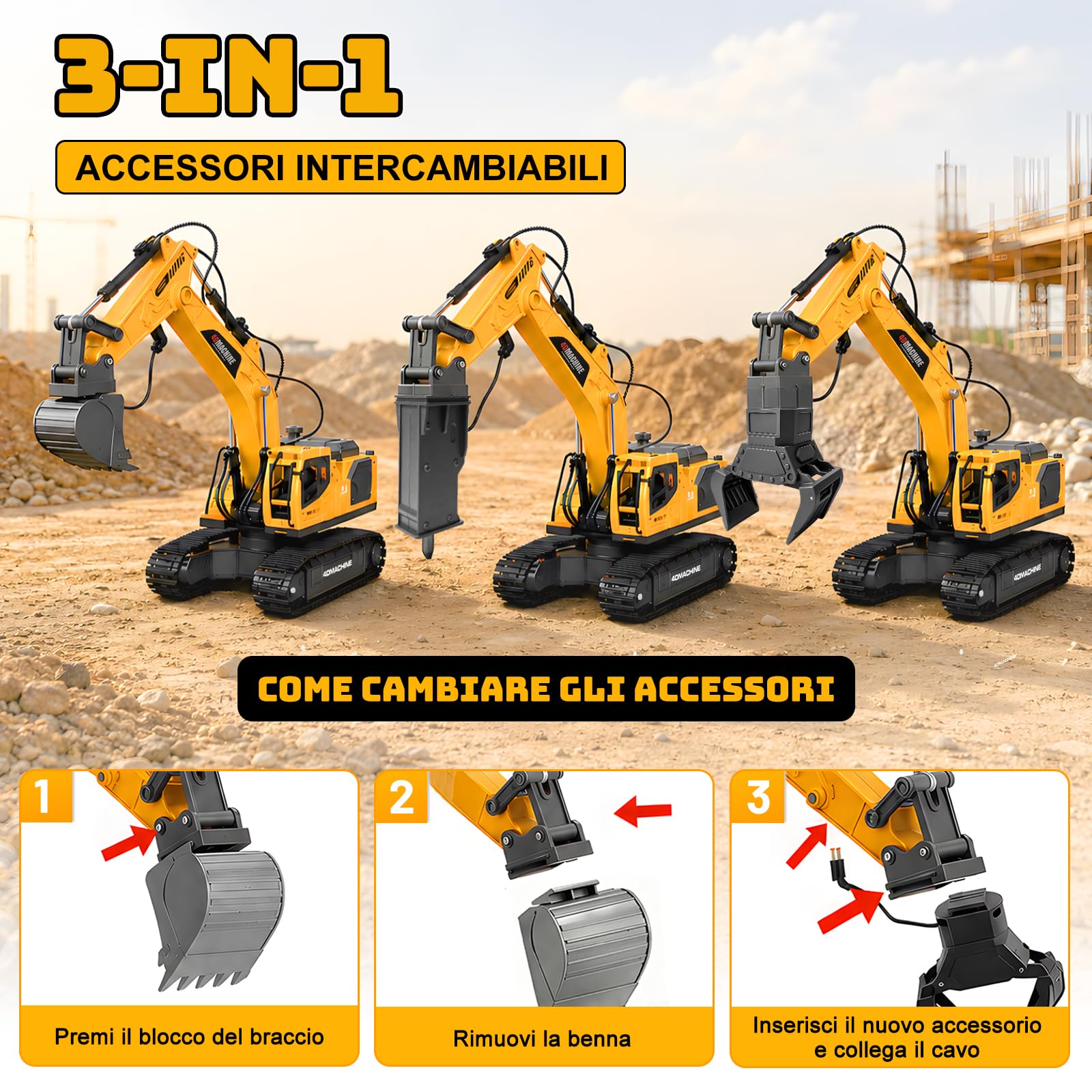 MOONTOY Escavatore Radiocomandato 3‑in‑1, 2,4 GHz RC 1:18 14 Canali, Benna Metallica, Pinza & Martello Demolitore, Luci, Suoni, Vapore, Rotazione 720°, Giocattolo Regalo Bambino 6 7 8 9 10 Anni