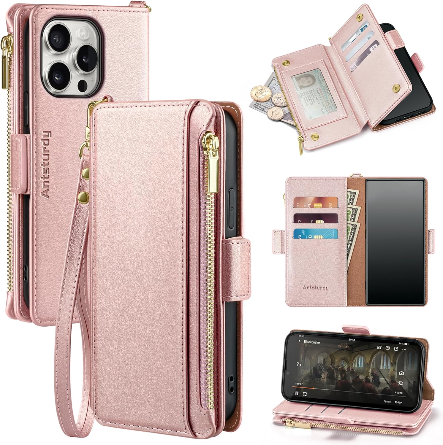 Antsturdy Compatible with iPhone 16 Pro Max Wallet Case,RFID Blocking PU Leather Phone Case Women Men Kickstand flip Cover Wrist Strap Zipper Credit Card Holder Slots for Apple 16 ProMax,Rose Gold