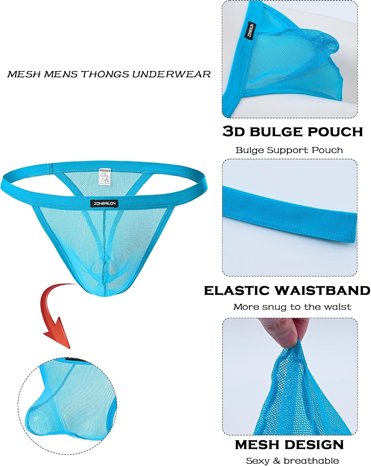 ZONBAILON Men's Sheer Thongs Mesh Sexy G-Strings Bulge Pouch Thin Panties