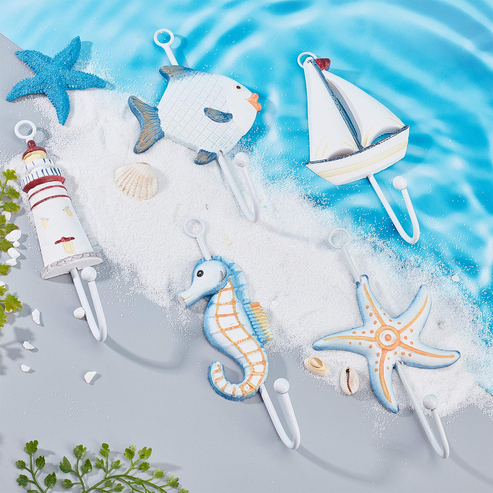 SUPERFINDINGS 5Unids Ganchos Pared Estilo Mediterráneo Madera Tema Marino Gancho Abrigo Decorativo Montado En la Pared Perchero Vida Hogar Forma velero Hippocampus estrella mar pescado
