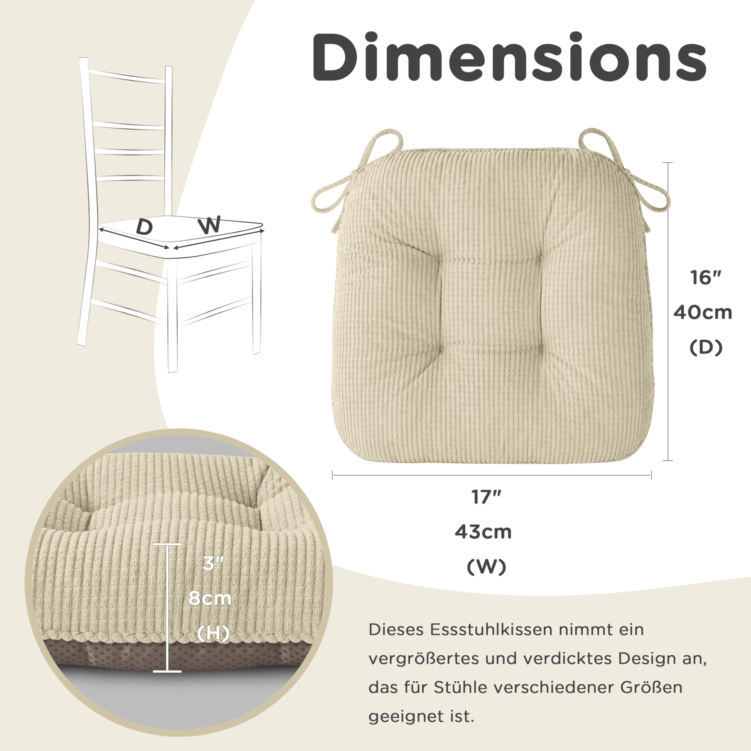 AddGrace Sitzkissen für Esszimmerstühle mit Bändern 43x40cm 4er Set Beige