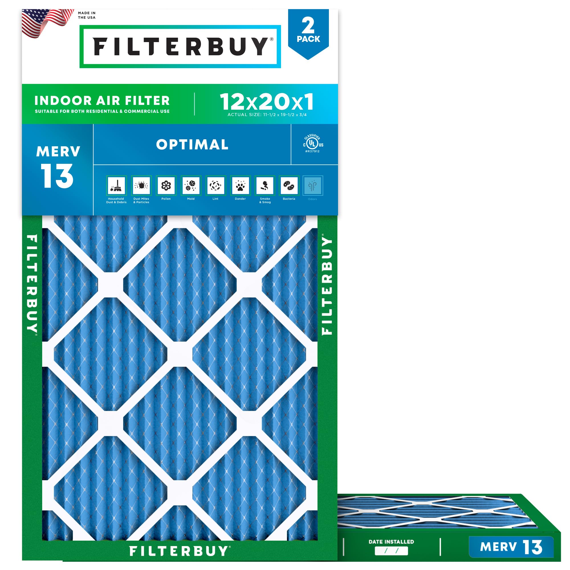 Filterbuy 12x20x1 Air Filter MERV 13 Optimal Defense (2-Pack), Pleated HVAC AC Furnace Air Filters Replacement (Actual Size: 11.50 x 19.50 x 0.75 Inches)