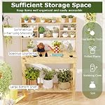 HAPPYGRILL Potting Bench Table, 60” Wood Garden Work Bench Workstation with Storage, Flip-Up Tabletop, Shelves & Hanging Hooks, Outdoor Garden Table for Patio, Lawn & Porch