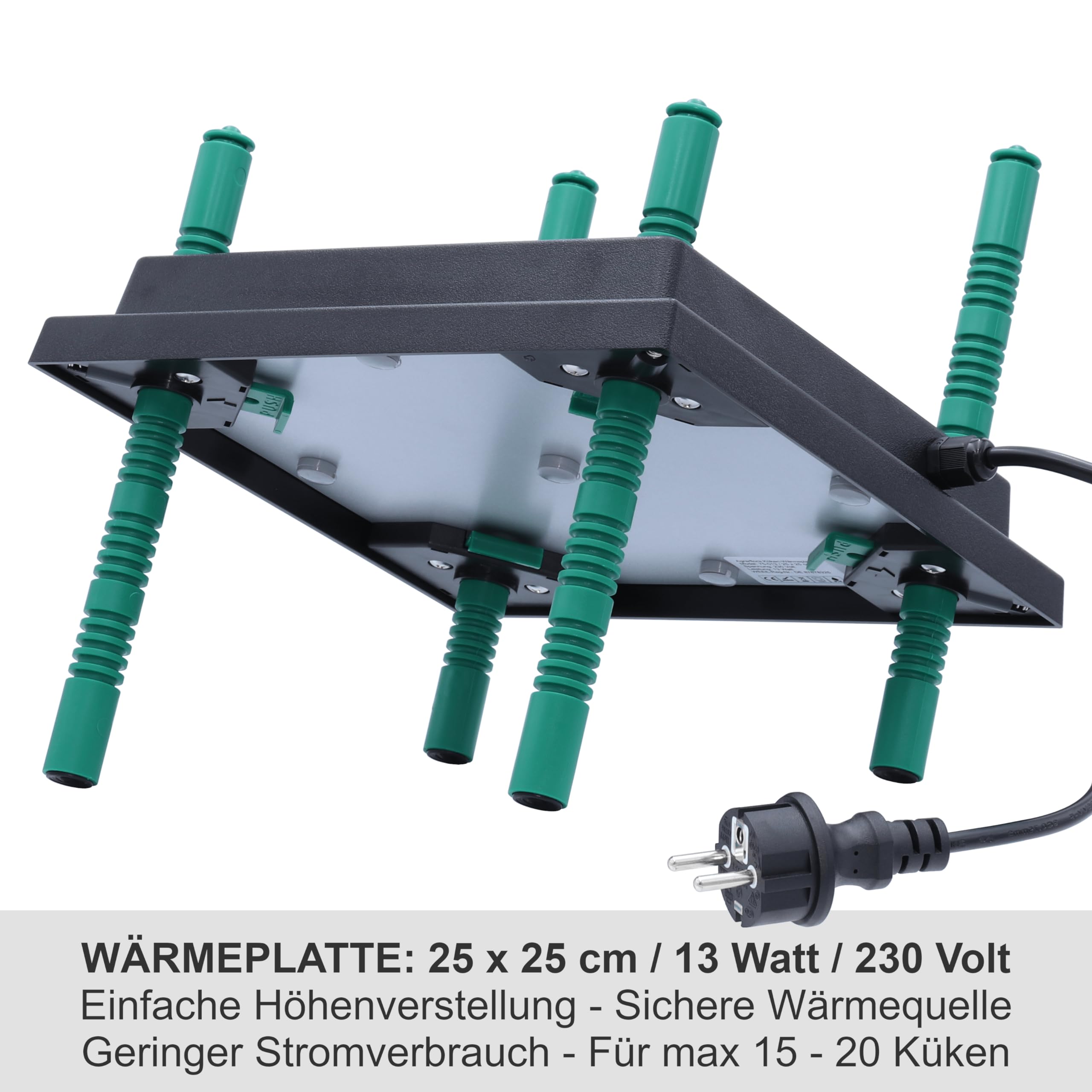 Küken Wärmeplatte 25x25cm, 13 Watt - Heizplatte für die Kükenaufzucht - Kükenwärmer, Kükenwärmeplatte - höhenverstellbar, effizient & sparsam - geeignet für Geflügel, Hühner & Reptilien
